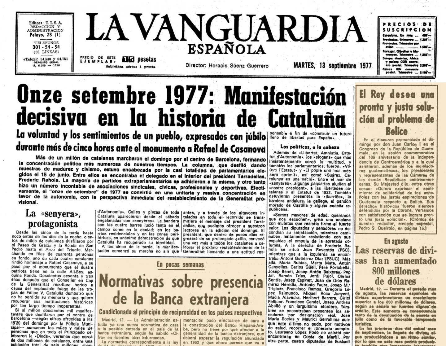 Em 15 de junho de 1977 celebraram-se na Espanha as primeiras eleiÃ§Ãµes legislativas democrÃ¡ticas apÃ³s a proclamaÃ§Ã£o de Juan Carlos I como rei da Espanha. Os deputados e senadores eleitos pela Catalunha pertenciam aos partidos que incluÃ­am nos seus programas a reivindicaÃ§Ã£o de um estatuto de autonomia e o restabelecimento da Generalitat. Esta vontade popular foi ratificada na Diada (festa) nacional de 11 de setembro de 1977. Um milhÃ£o de cidadÃ£os desfilaram pacificamente pelo centro de Barcelona, capital da Catalunha, numa das maiores manifestaÃ§Ãµes da histÃ³ria da Europa contemporÃ¢nea.