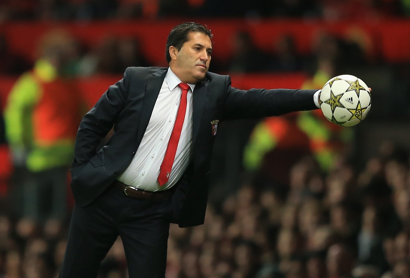 MANCHESTER, ENGLAND - OCTOBER 23: Head Coach of SC Braga Jose Peseiro stops the ball during the UEFA Champions League Group H match between Manchester United and SC Braga at Old Trafford on October 23, 2012 in Manchester, England. (Photo by Richard Heathcote/Getty Images)