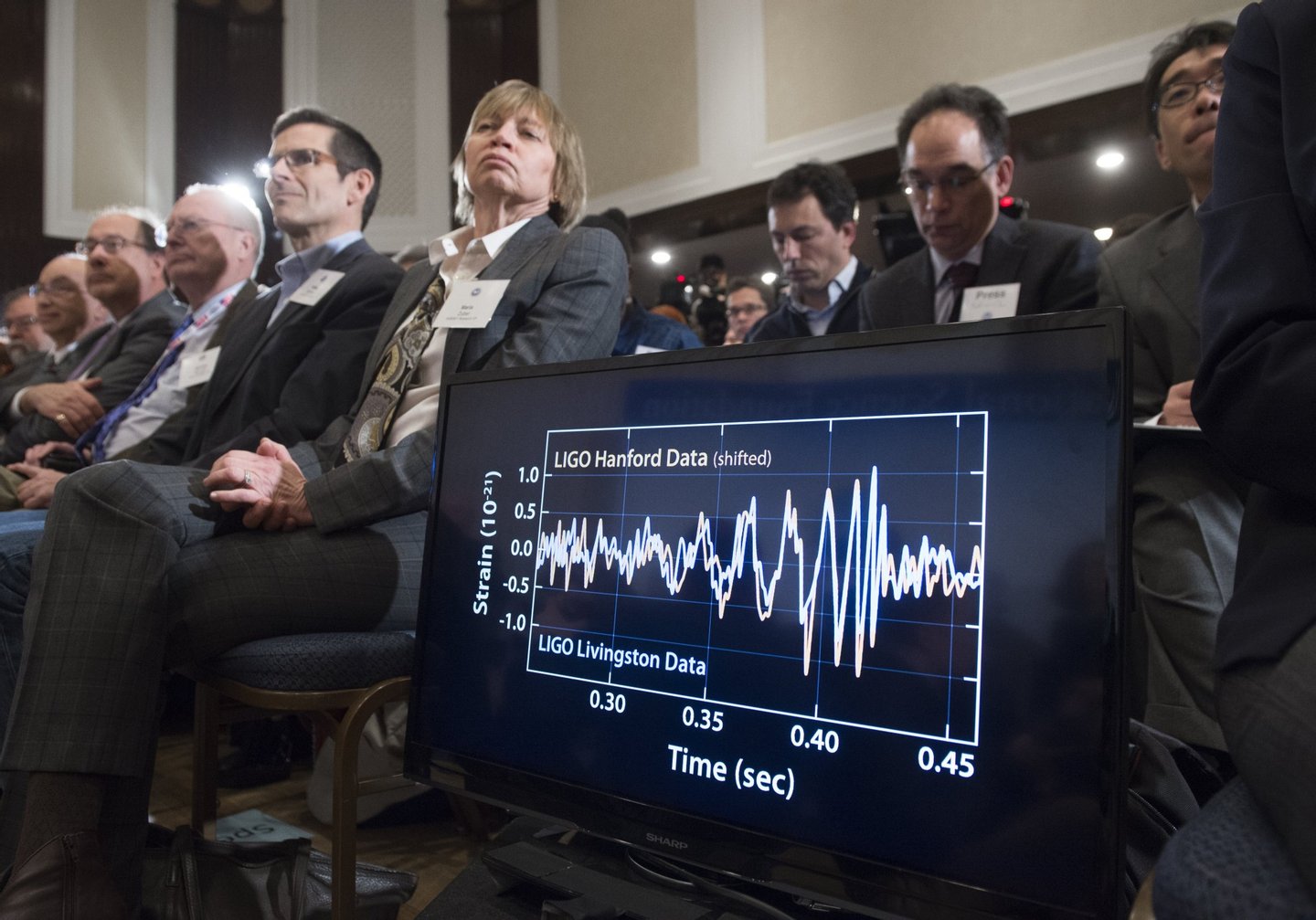A screen displays a diagram showing the ripples in the fabric of spacetime called gravitational waves that scientists have observed for the first time by the LIGO detector, confirming a prediction of Albert Einstein's theory of relativity, during a press conference at the National Press Club in Washington, DC, February 11, 2016. The machines that gave scientists their first-ever glimpse at gravitational waves are the most advanced detectors ever built for sensing tiny vibrations in the universe.The two US-based underground detectors are known as the Laser Interferometer Gravitational-wave Observatory, or LIGO for short. / AFP / SAUL LOEB (Photo credit should read SAUL LOEB/AFP/Getty Images)