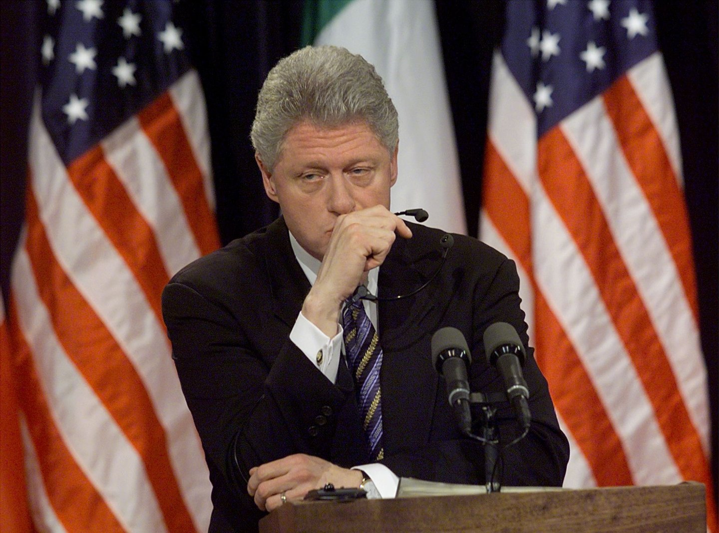 WASHINGTON, : US President Bill Clinton pauses a moment while being asked about former White House intern Monica Lewinsky at a joint press conference with Italian Prime Minister Massimo D'Alema 05 March in the White House in Washington, DC. Clinton said he hoped Monica Lewinsky would have "a good life" and get any help she might need to recover from the traumatic White House sex scandal. (ELECTRONIC IMAGE) AFP PHOTO/Stephen JAFFE (Photo credit should read STEPHEN JAFFE/AFP/Getty Images)
