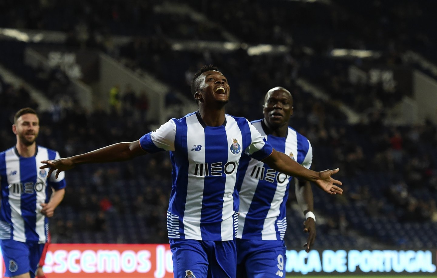 Porto's Nigerian defender Chidozie Awaziem (C) celebrates a goal during the second-leg semi-final Portugal Cup FC Porto vs Gil Vicente football match at the Dragao stadium in Porto on March 02, 2016. / AFP / FRANCISCO LEONG (Photo credit should read FRANCISCO LEONG/AFP/Getty Images)