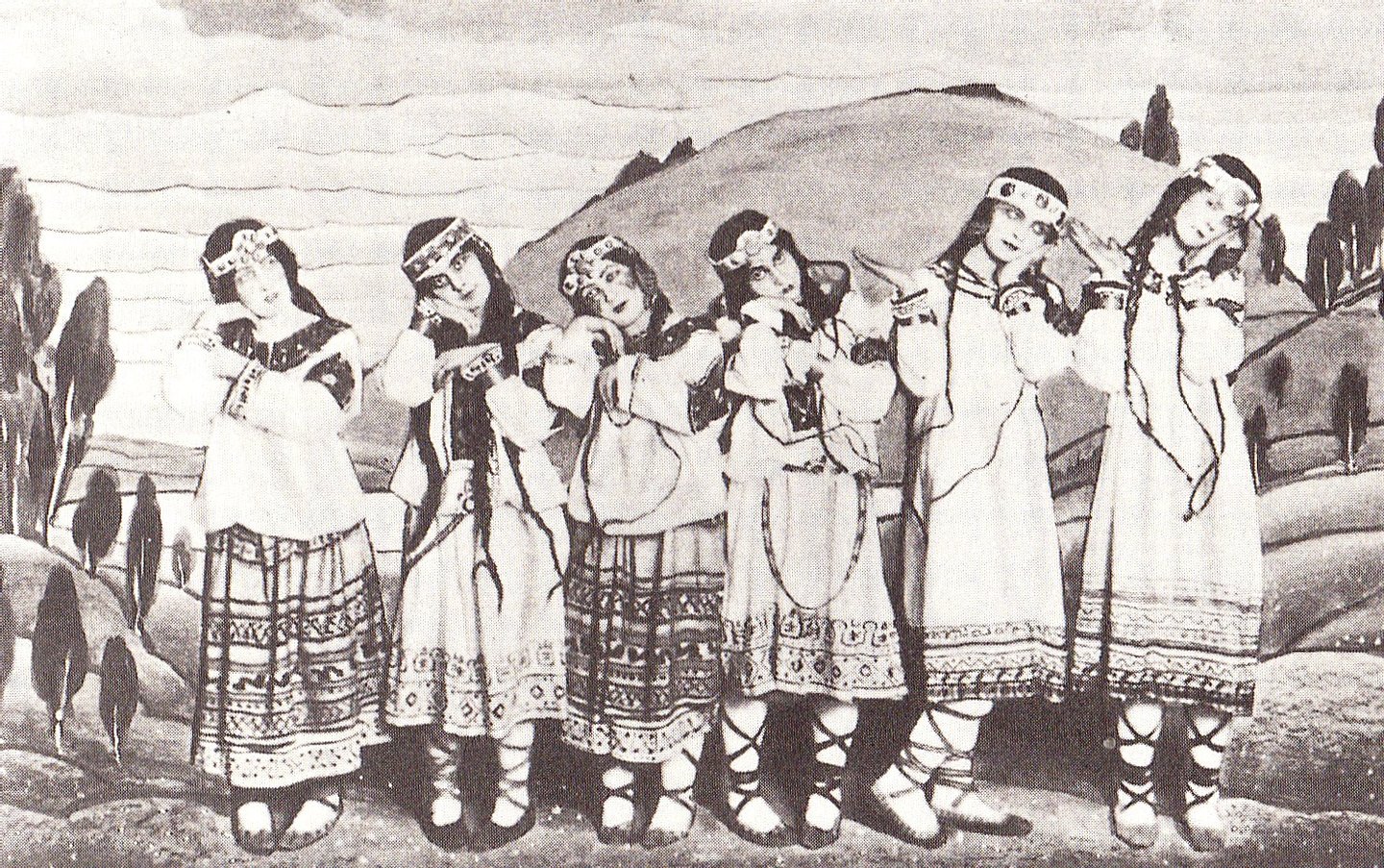 Bailarinas da encenaÃ§Ã£o de 1913 de A sagraÃ§Ã£o da Primavera, com figurinos e cenÃ¡rios de Nicholas Roerich