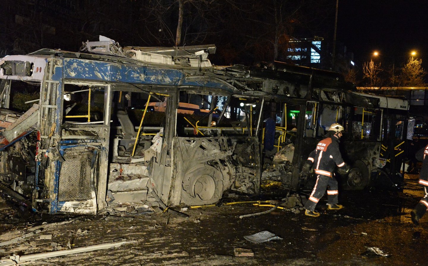 ANKARA, TURKEY - MARCH 13: The wreckage of a bus is seen after an explosion in Ankara's central Kizilay district on March 13, 2016 in Ankara, Turkey. The Ankara governor's office has reported that at least 27 people have been killed and 75 wounded in an explosion in the Turkish capital Ankara. The explosion is believed to have been a car bomb attack according to Ankara governor Mehmet Kiliclar. (Photo by Defne Karadeniz/Getty Images)