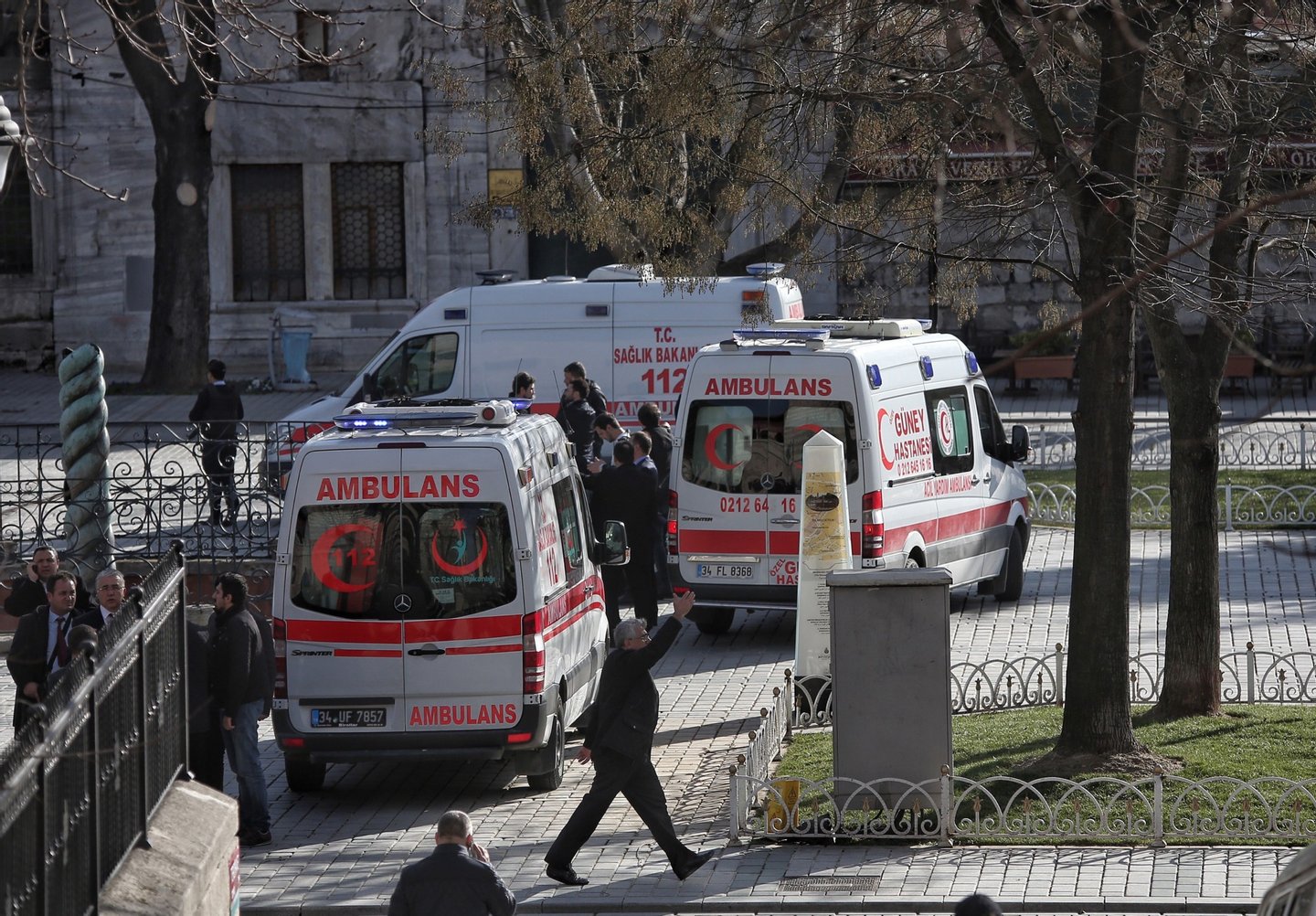 ISTANBUL, TURKEY -  JANUARY 12: Ambulances and police were despatched to the blast site after an explosion in the central Istanbul Sultanahmet district on January 12, 2016 in Istanbul, Turkey. At least 10 people have been killed and 15 wounded in a suicide bombing near tourists in the central Istanbul historic Sultanahmet district, which is home to world-famous monuments including the Blue Mosque and the Hagia Sophia. Turkish President Erdogan has stated that the suicide bomber was of Syrian origin. (Photo by Can Erok/Getty Images)