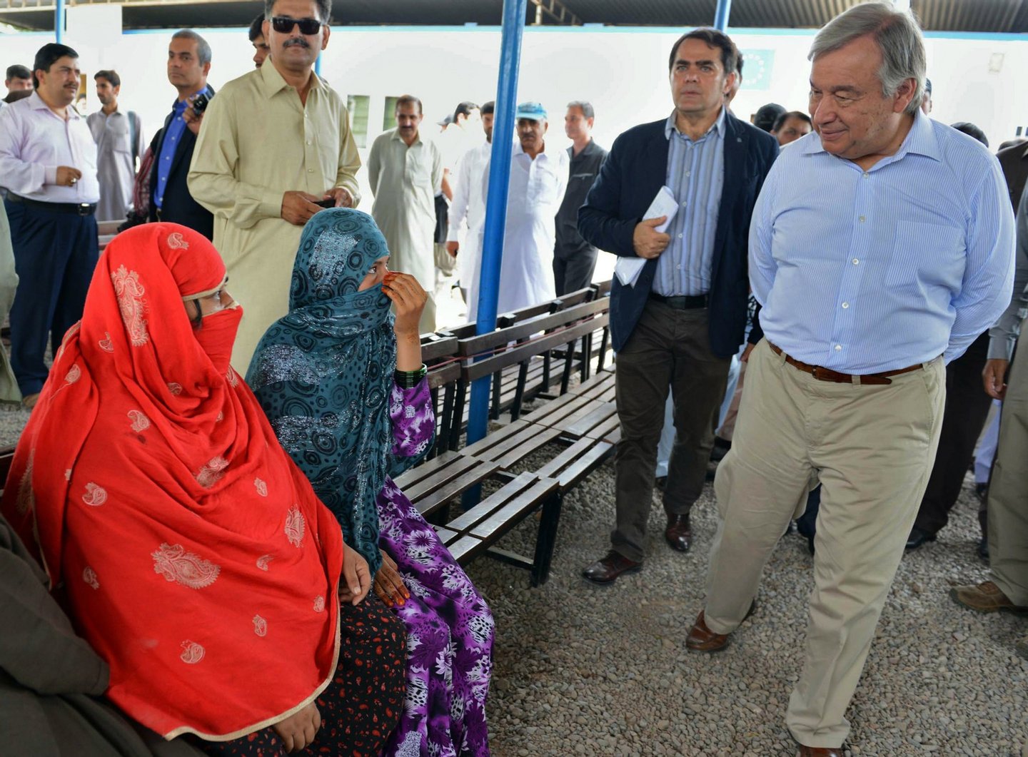 The head of the United Nations High Commissioner for Refugees (UNHCR) Antonio Guterres (R) looks on during a visit to the UNHCR repatriation centre in the north-western Pakistani city of Peshawar on June 23, 2015. Guterres is on a three-day official visit to Pakistan. AFP PHOTO / A MAJEED (Photo credit should read A Majeed/AFP/Getty Images)