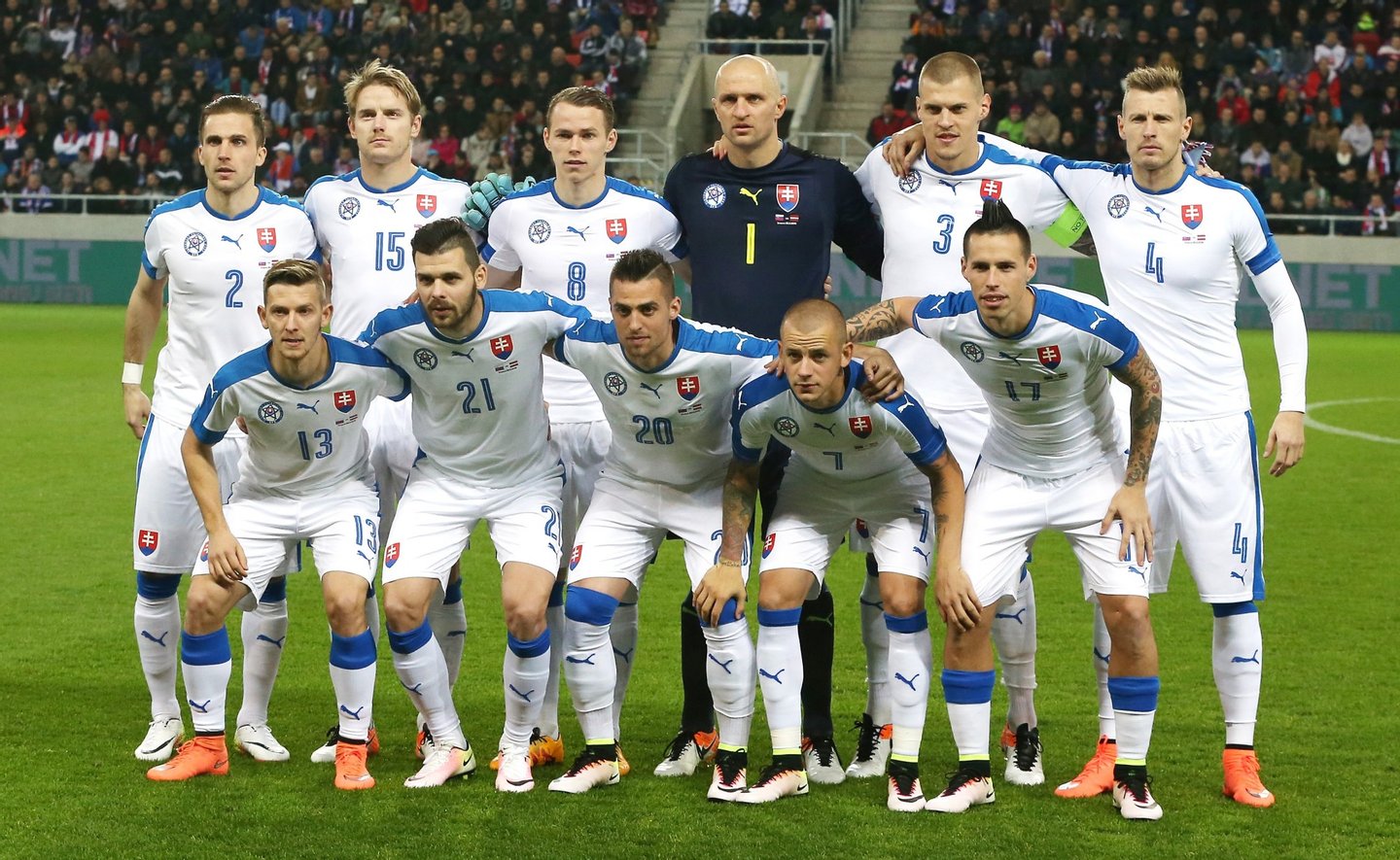 TRNAVA, SLOVAKIA - MARCH 25: The Slovakia team pose for a team photo during the international friendly match between Slovakia and Latvia held at Stadion Antona Malatinskeho on March 25, 2016 in Trnava, Slovakia. (Photo by David Rogers/Getty Images)
