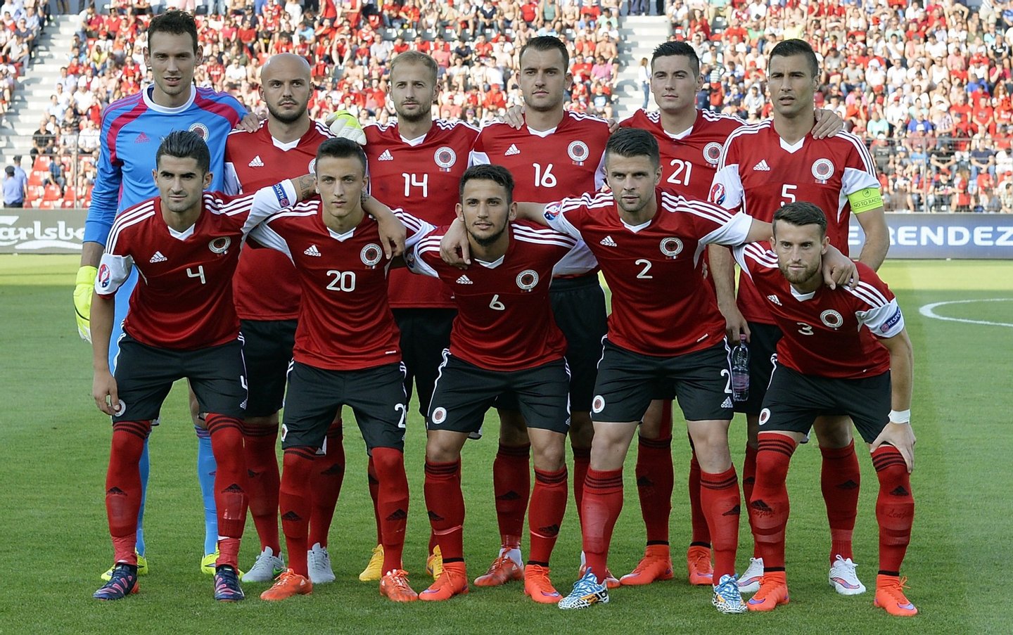 (FromL, 1st row) Albania's midfielder Elseid Hysaj, Albania's Ergys Kace, Albania's midfielder Naser Aliji, Albania's defender Andi Lila, Albania's defender Ermir Lenjani, (FromL, second row) Albania's goalkeeper Etrit Berisha, Albania's midfielder Arlind Ajeti, Albania's Migjen Basha, Albania's Sokol Cikalleshi, Albania's Odise Roshi, and Albania's midfielder Lorik Cana pose prior to a friendly football match Albania vs France on June 13, 2015 in Elbasan, outside Tirana. AFP PHOTO / LOIC VENANCE (Photo credit should read LOIC VENANCE/AFP/Getty Images)