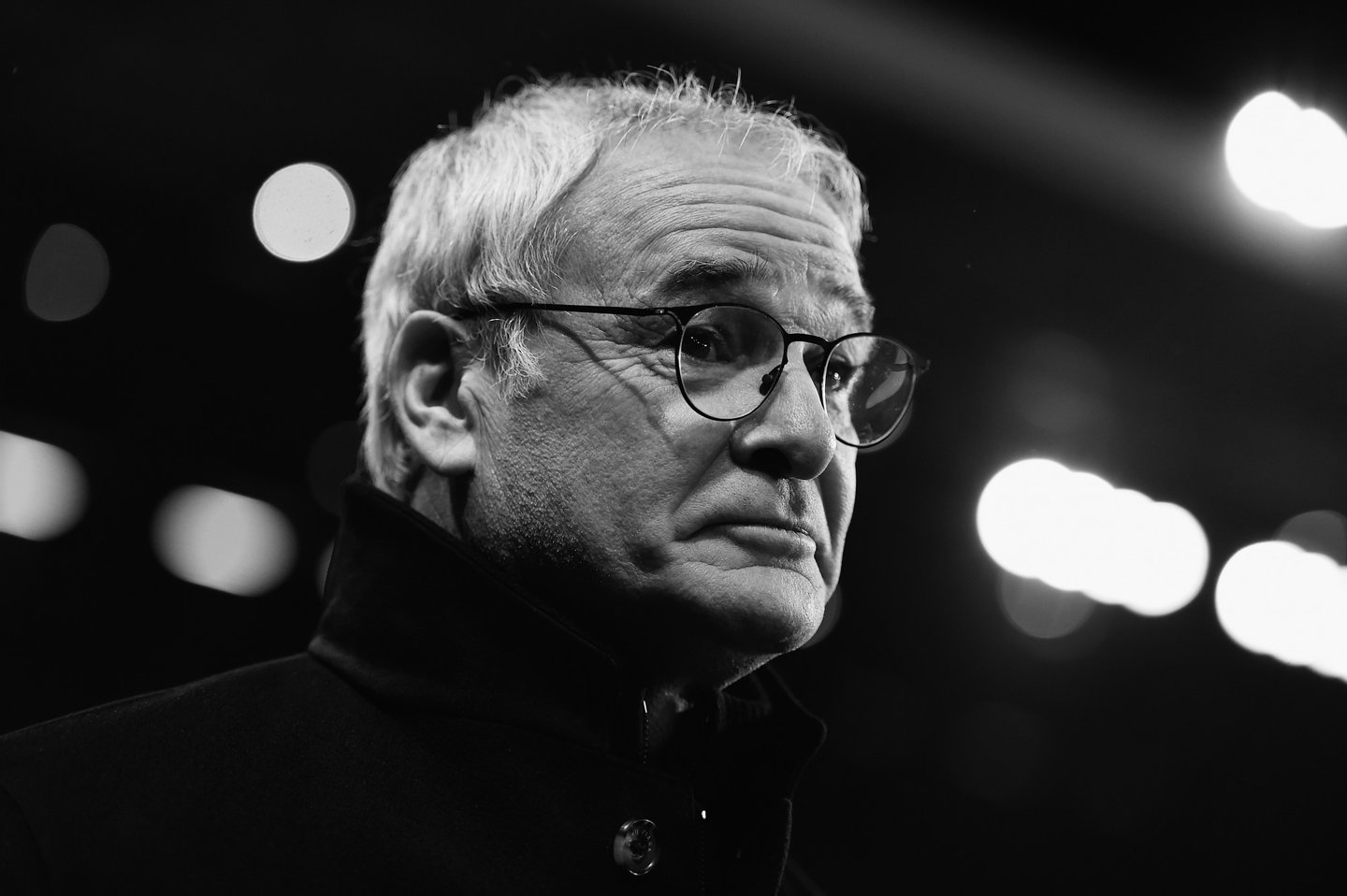 BIRMINGHAM, ENGLAND - JANUARY 16: (Editors notes: This image has been converted to black and white.) Claudio Ranieri of Leicester City looks on during the Barclays Premier League match between Aston Villa and Leicester City at The King Power Stadium on January 16, 2016 in Birmingham, England. (Photo by Laurence Griffiths/Getty Images)