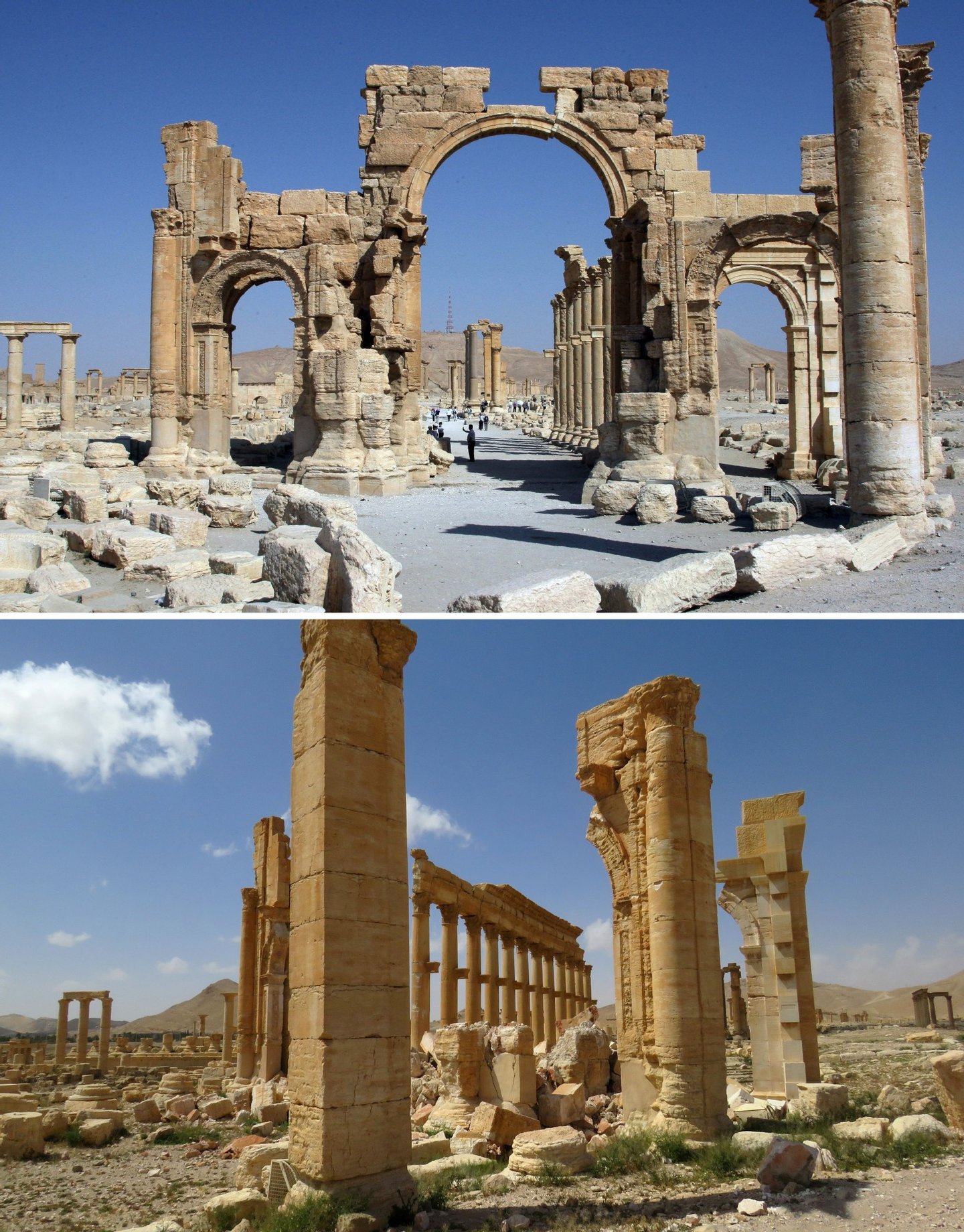 A combination of images shows a general view (top) taken on June 19, 2010 of the Arc de Troimphe (Triumph's Arc) prior to being destroyed by Islamic State (IS) group jihadists in October 2015 and the remains of the iconic structure after government troops recaptured the ancient city of Palmyra from IS fighters on March 27, 2016. Archaeologists were rushing to the ancient city of Palmyra on March 27, 2016 to assess the damage wreaked by the Islamic State group, after it was ousted by the Syrian army in a bloody battle. / AFP / LOUAI BESHARA AND STRINGER (Photo credit should read LOUAI BESHARA,STRINGER/AFP/Getty Images)