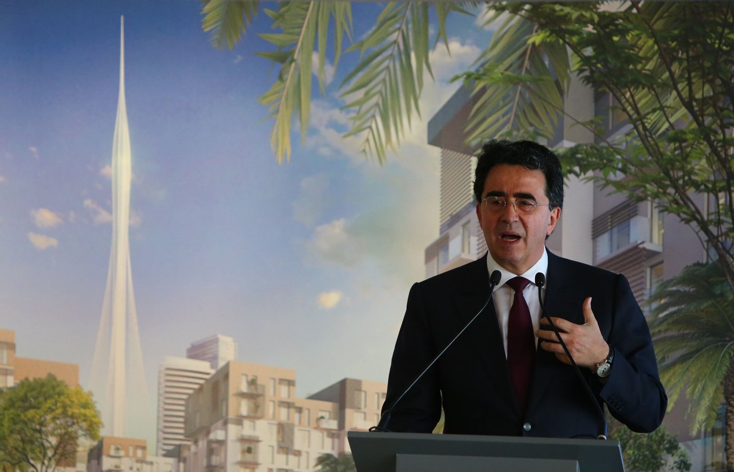 Spanish-Swiss architect Santiago Calatrava Valls, speaks to press in Dubai, April 10, 2016, during a exposition to reveal the plans of Dubai Emaar Properties to build a new tower, designed by Valls that will be even taller than the Burj Khalifa, currently the world's tallest tower. The tower will be part of a new project called the Dubai Creek Harbour. / AFP / MARWAN NAAMANI (Photo credit should read MARWAN NAAMANI/AFP/Getty Images)