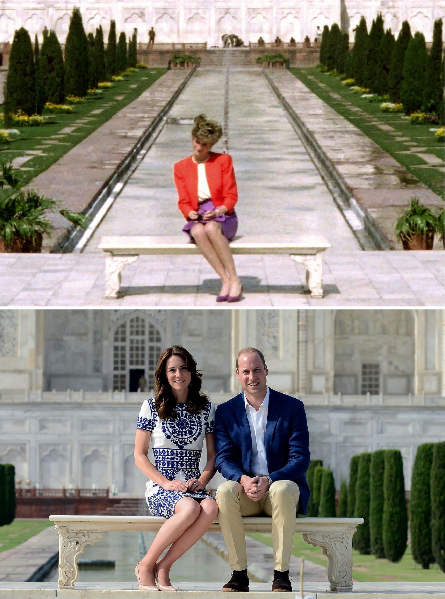 (FILES) This combination photograph shows (TOP) Princess Diana of Wales as she poses at The Taj Mahal in Agra on February 11, 1992, and (BOTTOM) Britain's Prince William, Duke of Cambridge(R)and Catherine, Duchess of Cambridge as they pose during their visit to The Taj Mahal in Agra on April 16, 2016. Prince William and his wife Catherine arrived at the Taj Mahal, wrapping up their week-long trip to India and Bhutan with a visit that carries poignant echoes for Britain's royal family. / AFP / AFP AND POOL / Money SHARMA AND Douglas CURRAN (Photo credit should read MONEY SHARMA,DOUGLAS CURRAN/AFP/Getty Images)