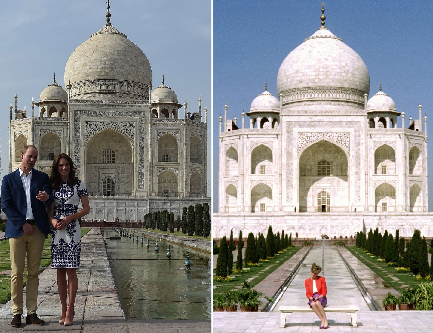 (FILES) This combination photograph shows (RIGHT) Princess Diana of Wales as she poses at The Taj Mahal in Agra on February 11, 1992, and (LEFT) Britain's Prince William, Duke of Cambridge(L)and Catherine, Duchess of Cambridge as they pose during their visit to The Taj Mahal in Agra on April 16, 2016. Prince William and his wife Catherine arrived at the Taj Mahal, wrapping up their week-long trip to India and Bhutan with a visit that carries poignant echoes for Britain's royal family. / AFP / Douglas CURRAN AND Prakash SINGH (Photo credit should read DOUGLAS CURRAN,PRAKASH SINGH/AFP/Getty Images)
