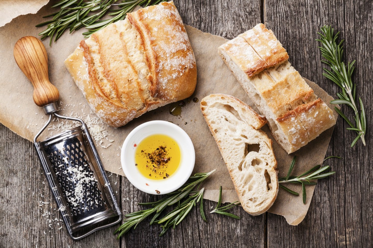 bread, bread ciabatta, ciabatta, cookware, eating, extra virgin, food, grater, ingredient, meal, oil, olive oil, olive wood, parmesan, pepper, rosemary, rustic, seasoning, snack, wooden, 