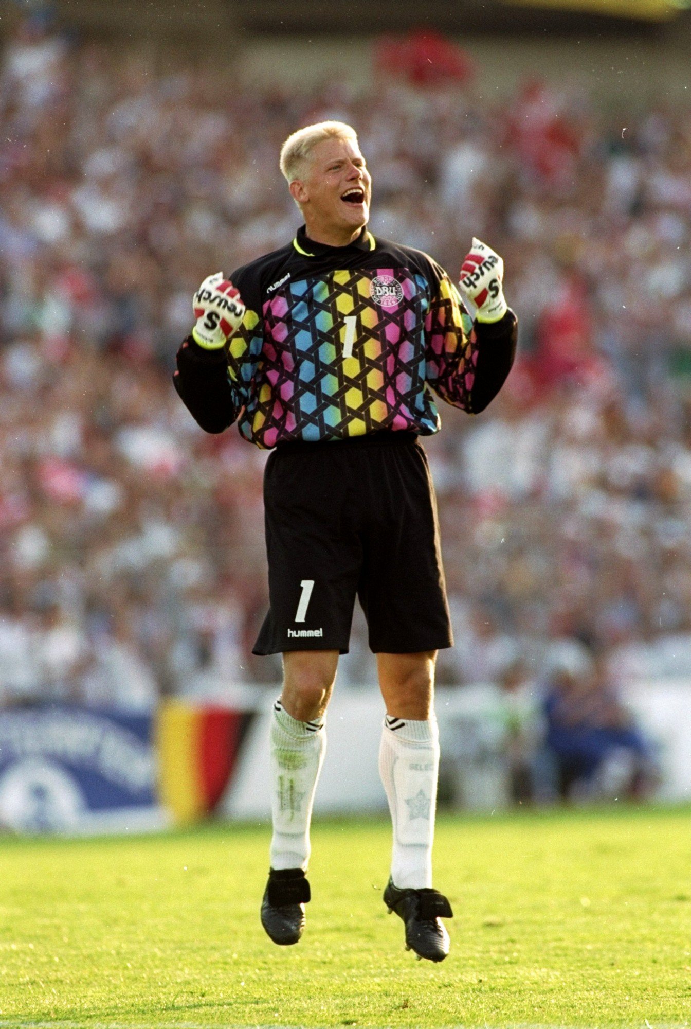 Jun 1992: Peter Schmeichel of Denmark celebrates a Danish goal during the European Championships Final against Germany played in Sweden. The match finished in a 2-0 win for Denmark. Mandatory Credit: Billy Stickland /Allsport