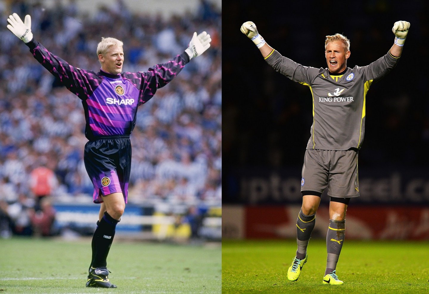 (FILE PHOTO) In this composite image a comparison has been made between images (L-R) 1251624 and 186224564 of Father (L) and Son (R). **LEFT IMAGE*** 11 Aug 1996: Peter Schmeichel of Manchester United celebrates during the FA Charity Shield between Manchester United and Newcastle United at Wembley Stadium in London. Manchester went on to defeat Newcastle by 4-0. Mandatory Credit: Shaun Botterill/Allsport UK ***RIGHT IMAGE*** LEICESTER, ENGLAND - OCTOBER 29: Goalkeeper Kasper Schmeichel of Leicester City celebrates a Leicester goal during the Capital One Cup fourth round match between Leicester City and Fulham at the King Power Stadium on October 29, 2013 in Leicester, England. (Photo by Laurence Griffiths/Getty Images)
