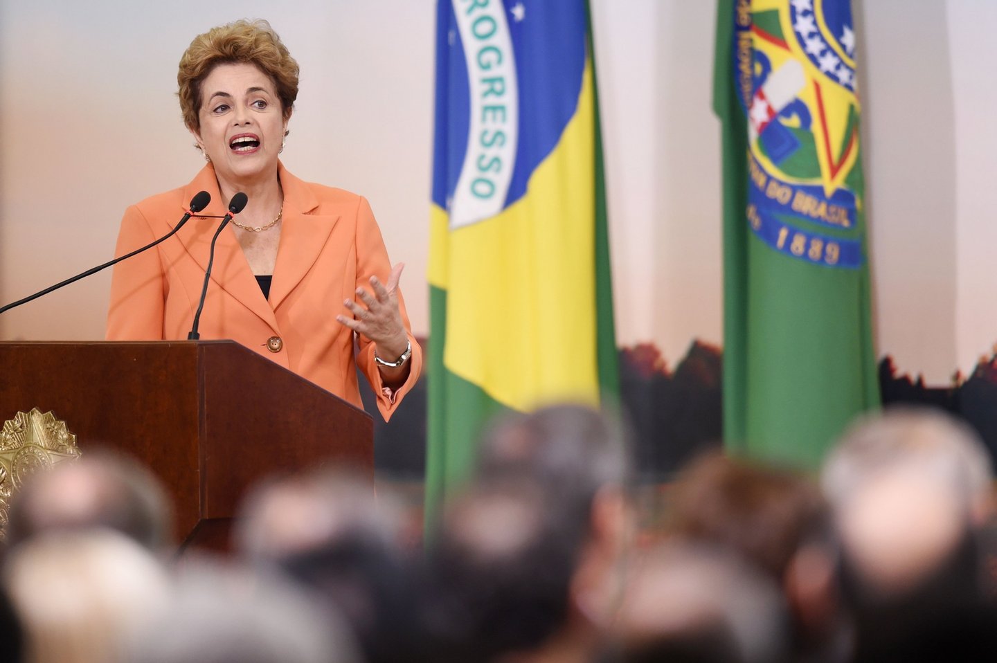 Brazilian President Dilma Rousseff delivers a speech during the launching of the Agricultural and Livestock Plan for 2016/2017, at Planalto Palace in Brasilia, on May 4, 2016. Rousseff is fighting impeachment on allegations that she illegally borrowed money to boost public spending during her 2014 re-election campaign. / AFP / EVARISTO SA (Photo credit should read EVARISTO SA/AFP/Getty Images)