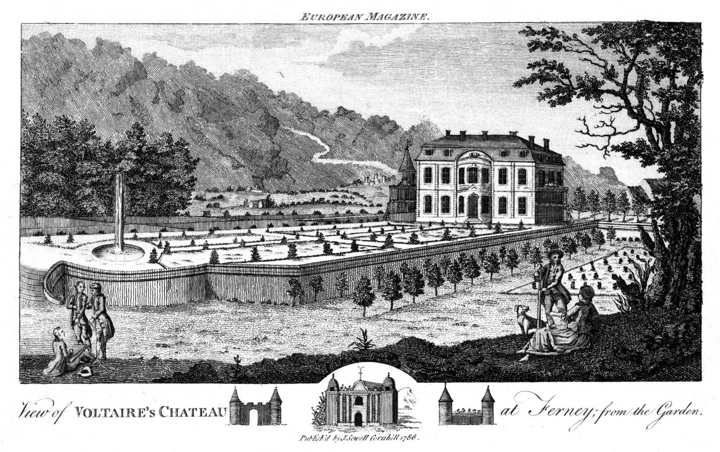 Ferney near Geneva, Switzerland, 1786. The chateau where Francois Marie Arouet de Voltaire (1694-1778), French writer and embodiment of the Enlightenment, settled after 1758, viewed from the garden. From The European Magazine, (London, 1786). (Photo by Ann Ronan Pictures/Print Collector/Getty Images)