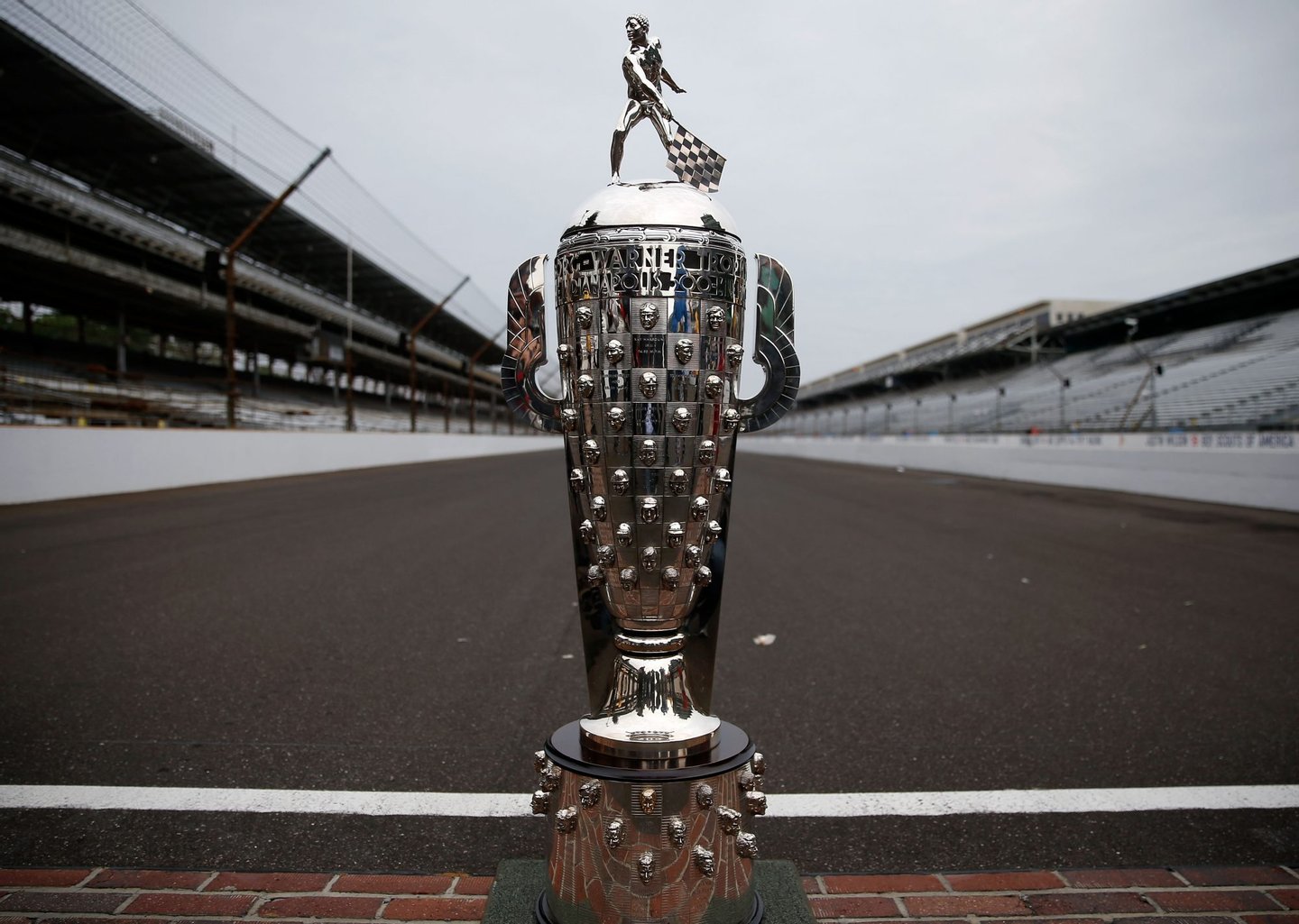 INDIANAPOLIS, IN - MAY 27: A detail of the Borg Warner Trophy on the yard of bricks during the Indianapolis 500 Mile Race Trophy Presentation and Champions Portrait Session for 2013 Indianapolis 500 Champion Tony Kanaan of Brazil, driver of the Hydroxycut KV Racing Technology-SH Racing Chevrolet, at Indianapolis Motor Speedway on May 27, 2013 in Indianapolis, Indiana. Kanaan earned his first Indy 500 victory by winning the 97th running of the race. (Photo by Chris Graythen/Getty Images)