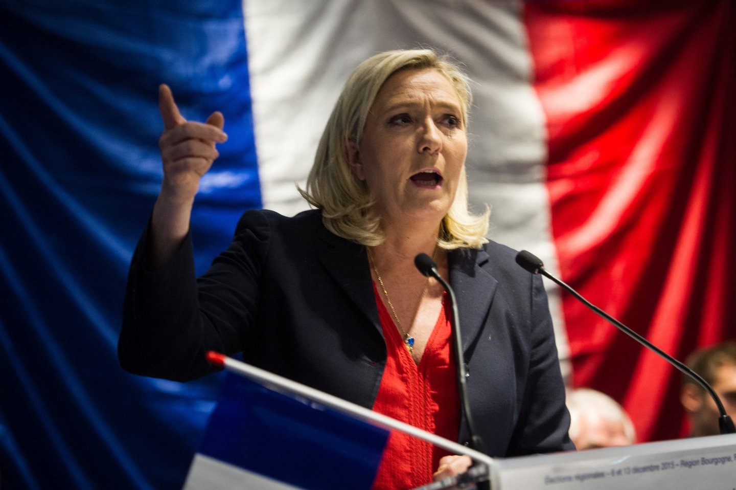 Head of the Front National (FN) far-right party, Marine Le Pen, delivers a speech during a meeting on October 28, 2015, in Besancon, as she supports FN top candidate for the upcoming regional elections for the Bourgogne Franche-Comte region, Sophie Montel ]. AFP PHOTO / SEBASTIEN BOZON (Photo credit should read SEBASTIEN BOZON/AFP/Getty Images)