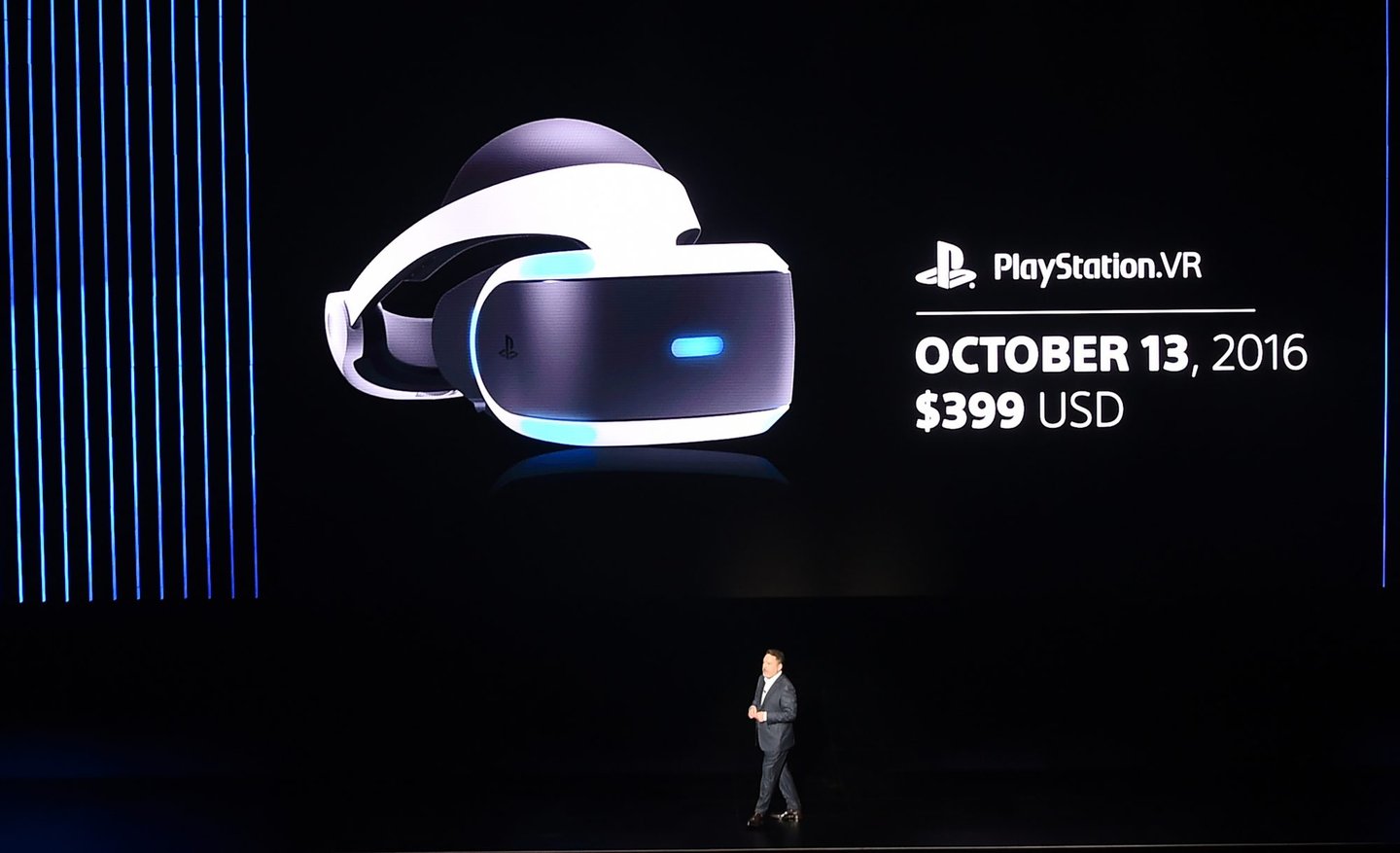 Shawn Layden, chairman of Sony Interactive Entertainment (SIE) Worldwide Studios, announces that Sonys PlayStation VR headset will be for sale on October 13, 2016 for USD $399, at the Sony PlayStation E3 press conference is underway at the Shrine Auditorium in Los Angeles, California, June 13, 2016. / AFP / ROBYN BECK (Photo credit should read ROBYN BECK/AFP/Getty Images)