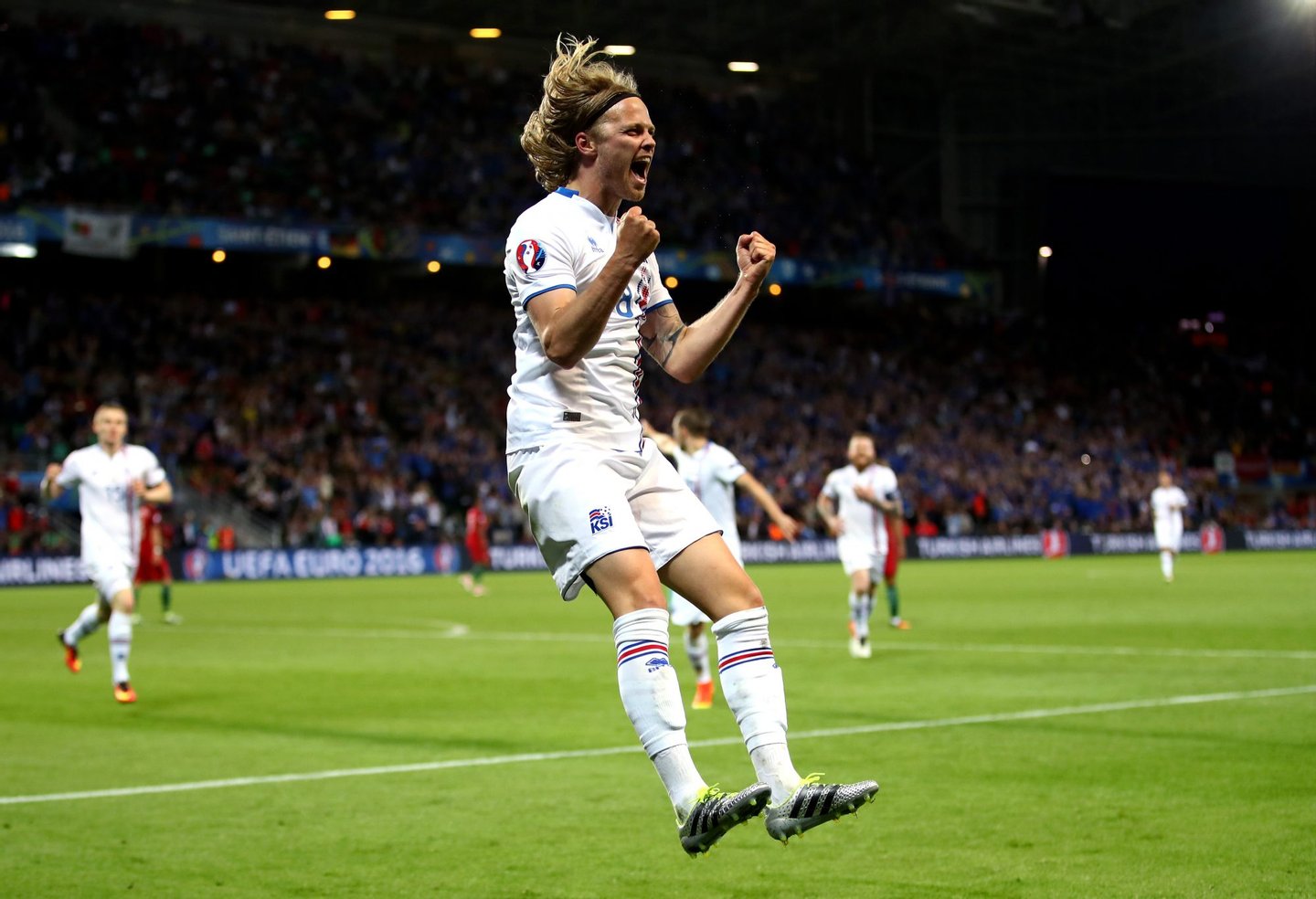 SAINT-ETIENNE, FRANCE - JUNE 14: Birkir Bjarnason of Iceland celebrates scoring his team's first goal during the UEFA EURO 2016 Group F match between Portugal and Iceland at Stade Geoffroy-Guichard on June 14, 2016 in Saint-Etienne, France. (Photo by Clive Brunskill/Getty Images)