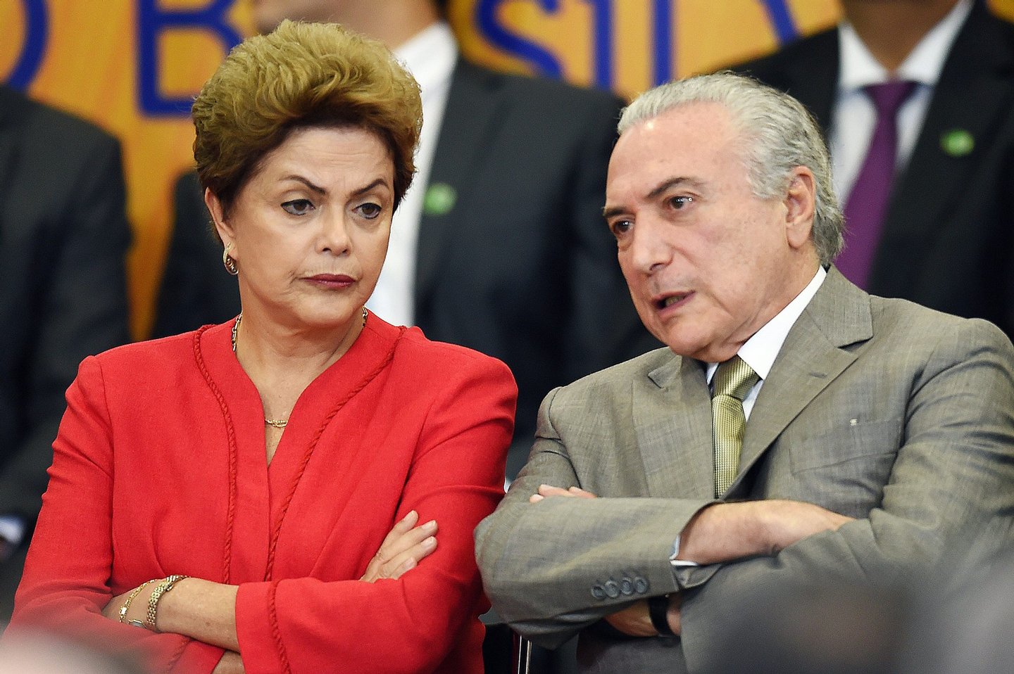 Brazilian President Dilma Rousseff and her vice President Michel Temer attend the launching ceremony of the Logistics Investment Program (LIP), at the Planalto Palace in Brasilia, on June 9, 2015. Brazil announced a $64-billion infrastructure spending package on Tuesday, hoping to revive its flagging economy with investment in highways, railroads, ports and airports. AFP PHOTO/EVARISTO SA (Photo credit should read EVARISTO SA/AFP/Getty Images)