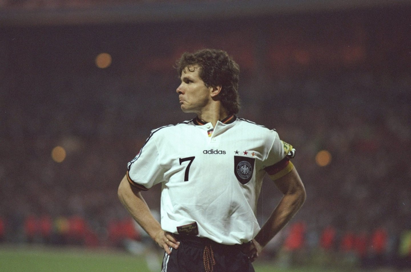 26 Jun 1996: Andreas Moller of Germany celebrates his penalty during the European Championships semi-final against England at Wembley Stadium in London. Germany won the match 6-5 on penalties. Mandatory Credit: Shaun Botterill/Allsport
