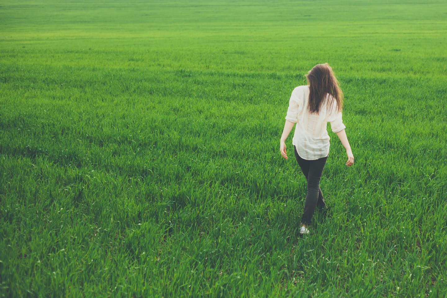 Girls, Teenage Girls, Women, Females, Copy Space, Grass, Jeans, Young Adult, Looking, Walking, Caucasian Ethnicity, One Person, Loneliness, Green Color, Denim, Behind, Environment, Nature, Lifestyles, Outdoors, Rear View, Brown Hair, People, Day, Summer, Springtime, Field, Meadow, 
