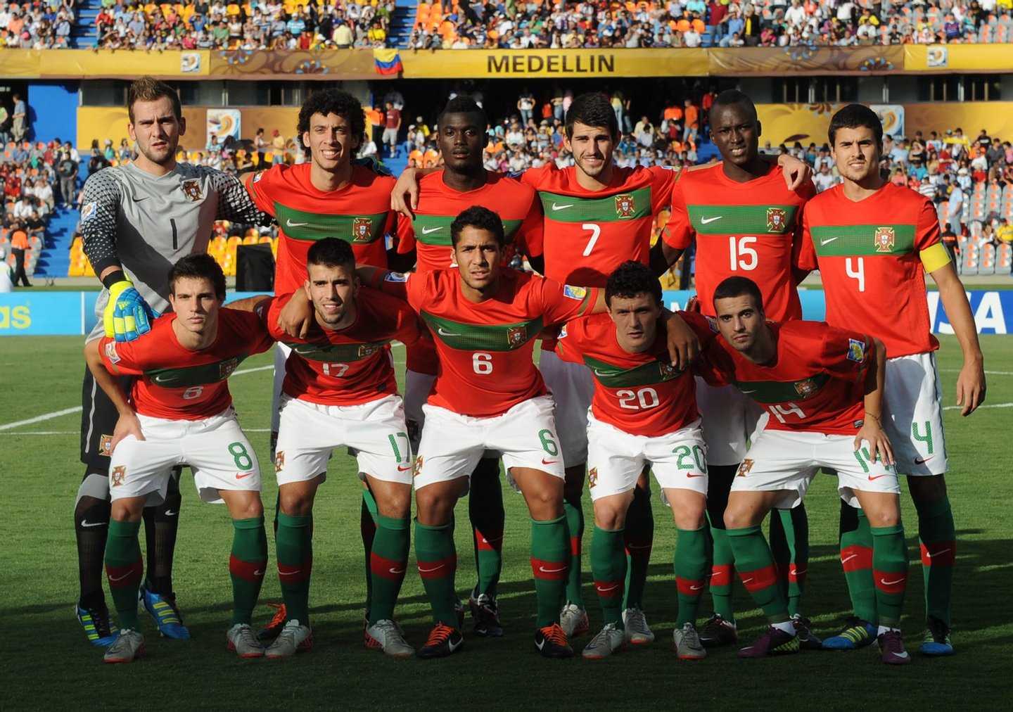 The starting line-up of Portugal poses before their FIFA Under-20 World Cup semifinal football match against France at Atanasio Girardot stadium in Medellin, Colombia on Augst 17, 2011.(L to R top) Mika, Roderick, Pele, Nelson Oliveira, Danilo, Nuno Reis. (Below) Cedric, Sergio Oliveira, Julio Alves, Mario Rui, Alex. Portugal won by 2-0. AFP PHOTO/Raul ARBOLEDA (Photo credit should read RAUL ARBOLEDA/AFP/Getty Images)