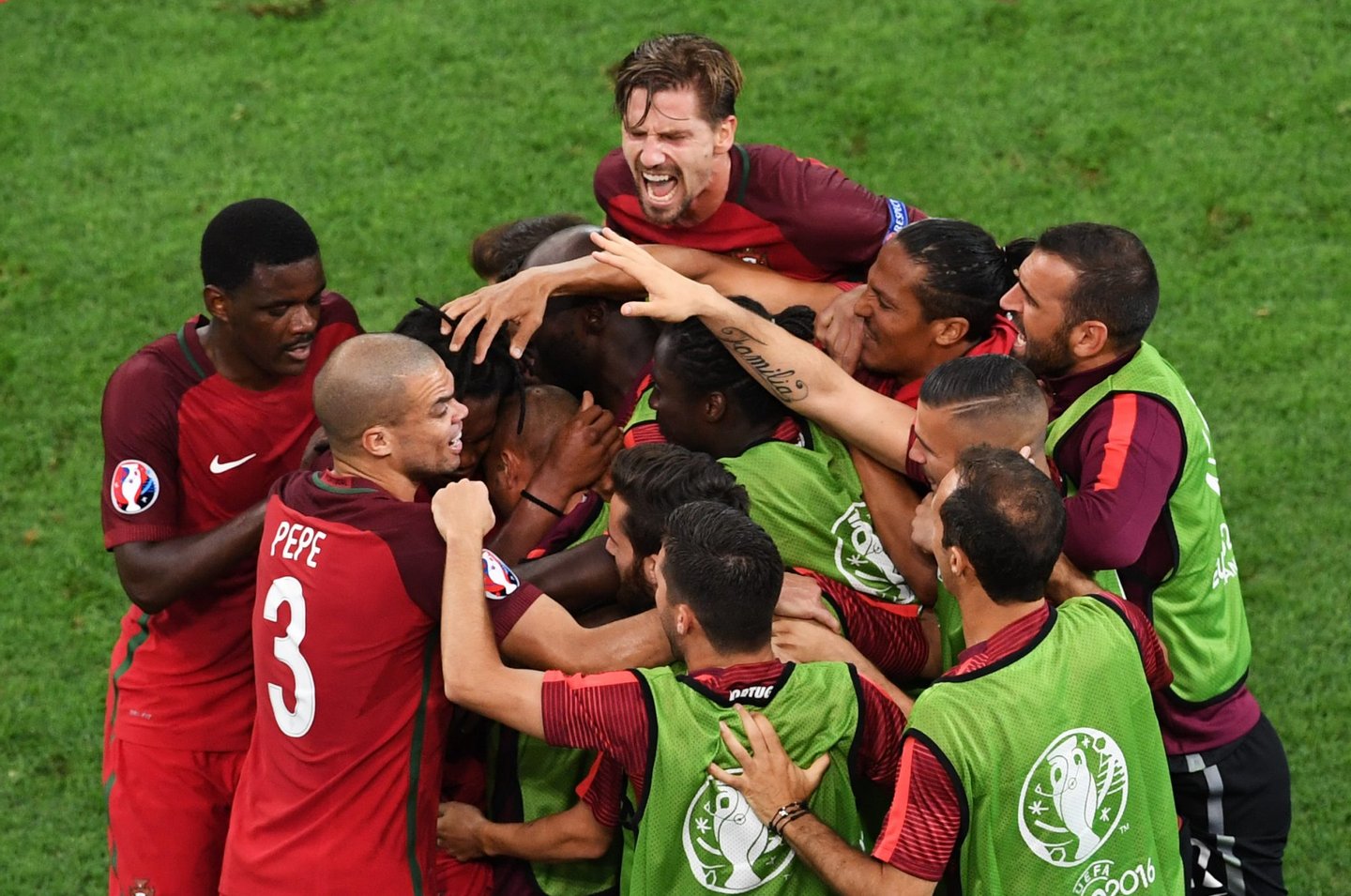 Portugal's midfielder Renato Sanches (R) celebrates with teammates after scoring during the Euro 2016 quarter-final football match between Poland and Portugal at the Stade Velodrome in Marseille on June 30, 2016. / AFP / BORIS HORVAT (Photo credit should read BORIS HORVAT/AFP/Getty Images)