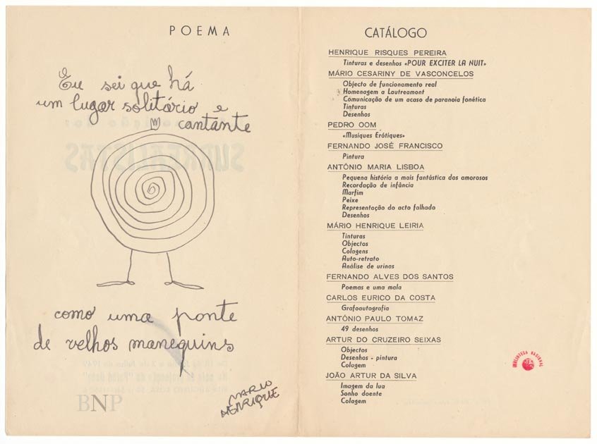 CatÃ¡logo da 1.Âª exposiÃ§Ã£o dos surrealistas, 1949, com poema-imagem de MÃ¡rio Henrique Leiria