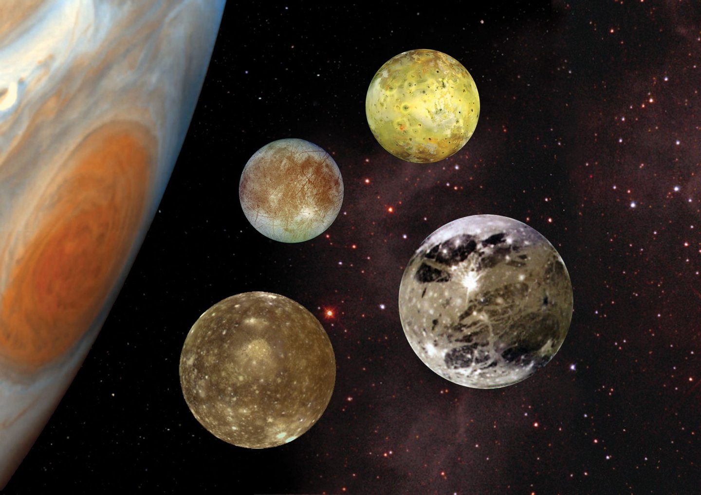 Os quatro maiores satÃ©lites naturais de JÃºpiter: Io, Europa, Ganimedes e Calisto (JÃºpiter, Ã  esquerda, nÃ£o estÃ¡ Ã  escala) - NASA Planetary Photojournal