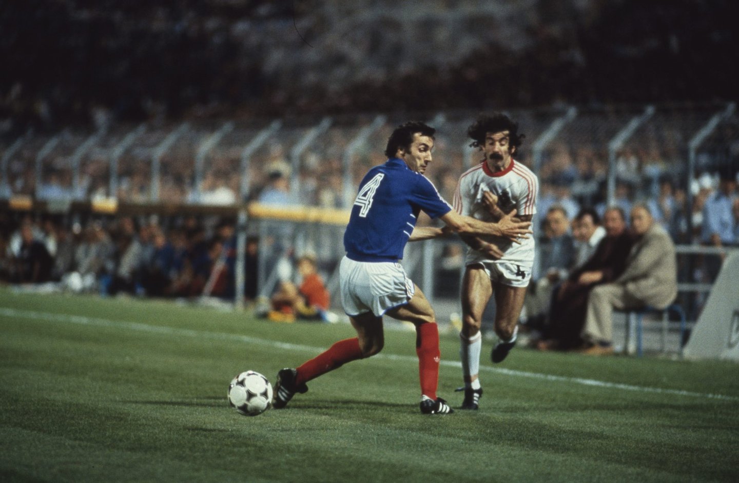 MARSEILLE, FRANCE - JUNE 23: Max Bossis (L) of France challenges Chalana of Portugal during the UEFA European Championships 1984 Semi-Final match between France and Portugal held on June 23, 1984 at the Stade Velodrome in Marseille, France. (Photo by Getty Images)