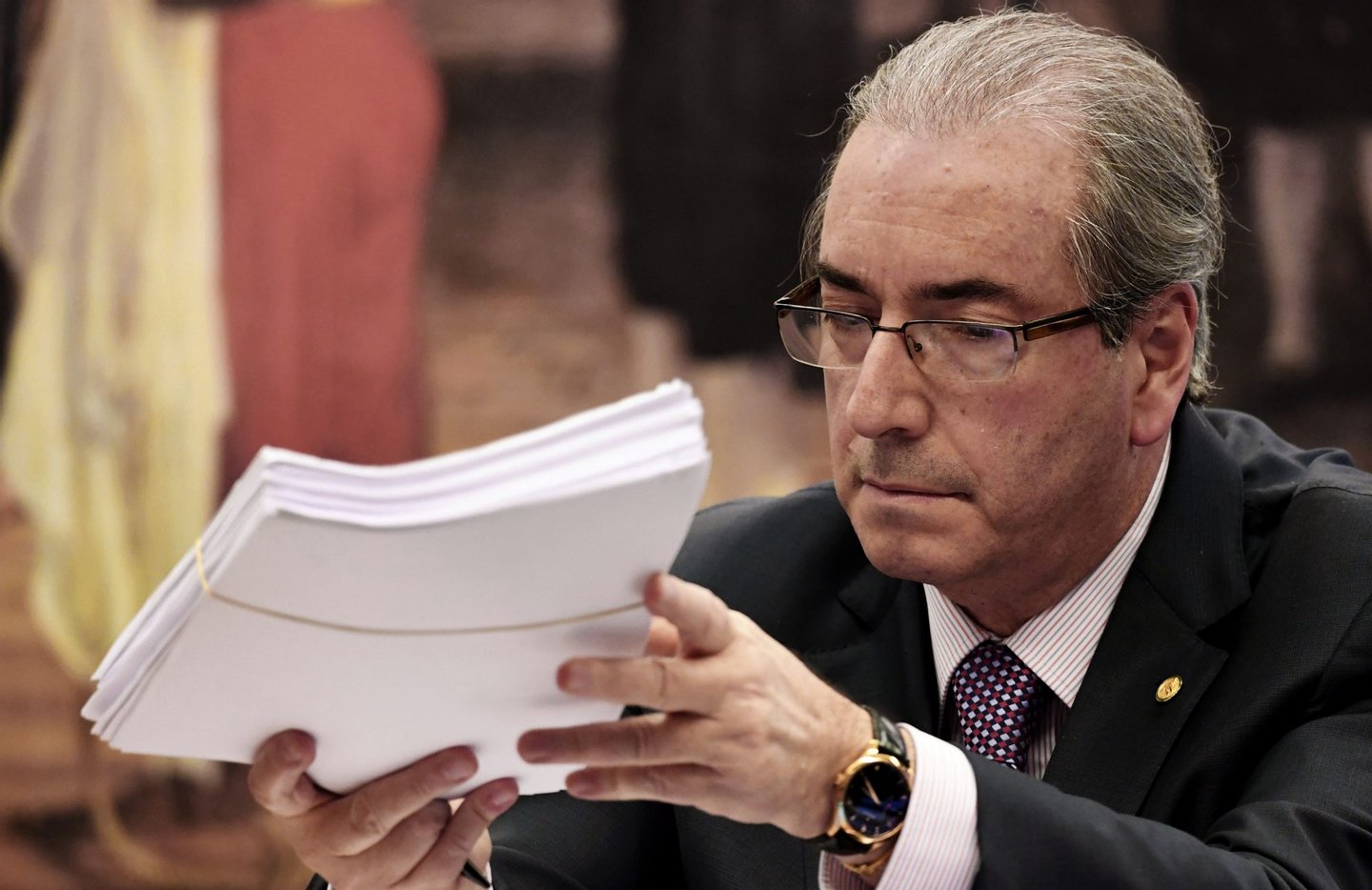 Brazilian deputy Eduardo Cunha, former president of the Lower House of Congress, is pictured during the session of the Committee on Constitution and Justice, in Brasilia on July 12, 2016. Cunha, the Brazilian politician who spearheaded the drive to impeach suspended president Dilma Rousseff, on July 7 resigned from his post as congressional speaker as a corruption probe closed in on him. / AFP / EVARISTO SA (Photo credit should read EVARISTO SA/AFP/Getty Images)