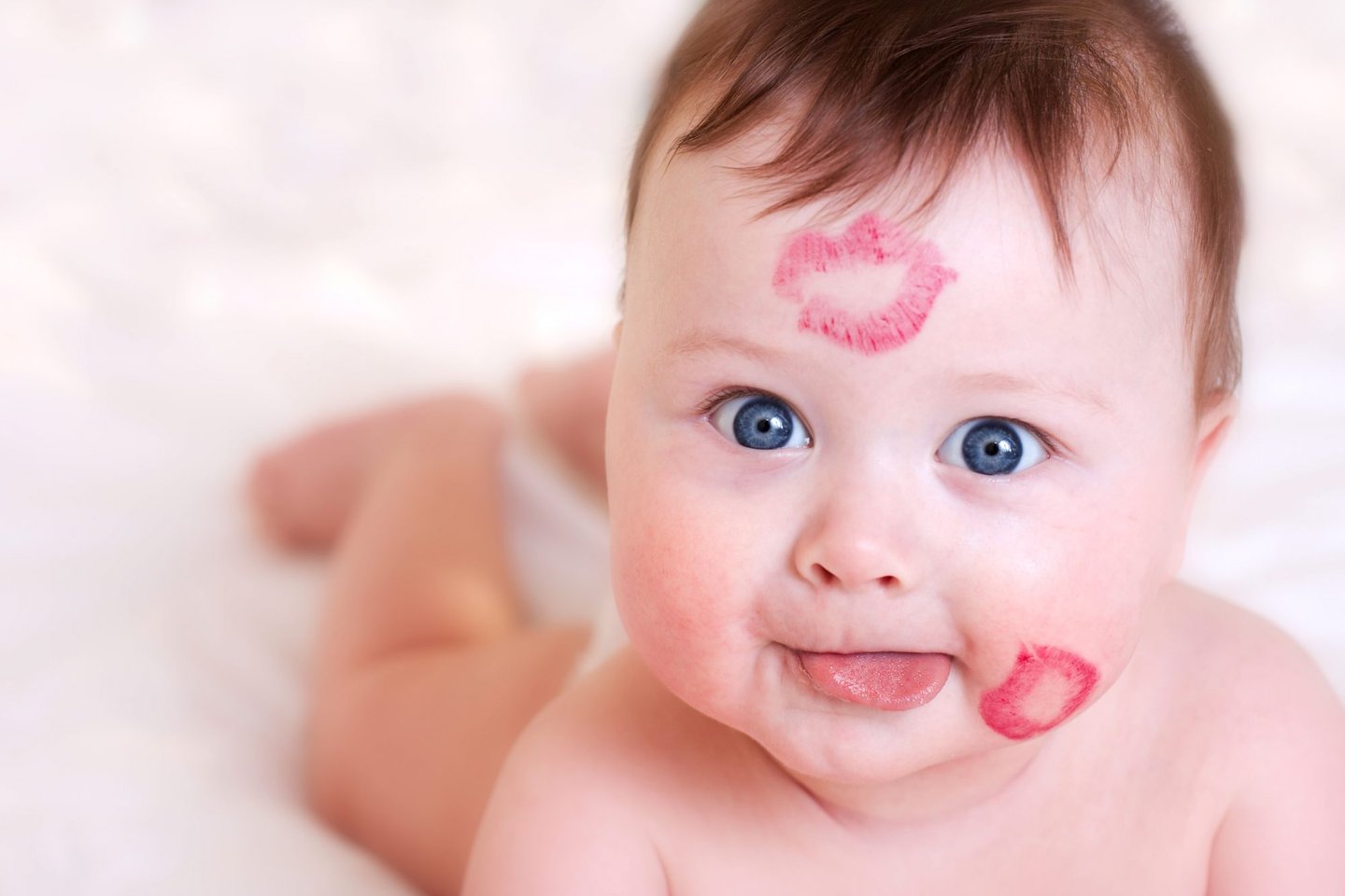 baby, child, small, little, son, mother, love, kiss, lips, stamp, happy, funny, childhood, white, background, bed, bedsheet, crazy, tongue, 
