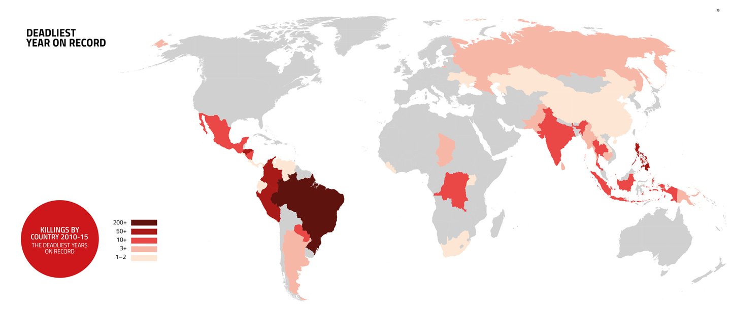 NÃºmero de ambientalistas e defensores das terras mortos entre 2010 e 2015. Brasil tem o recorde e a AmÃ©rica do Sul Ã© a regiÃ£o com pior registo - On Dangerous Ground, Global Witness (2016)