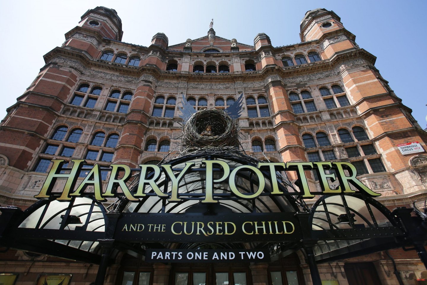 The front of the Palace Theatre promotes its new show 'Harry Potter and the Cursed Child' in London on June 6, 2016. Harry Potter makes his stage debut on June 7 in a new London play that imagines the fictional boy wizard as a father of three, in the latest offshoot of the globally successful franchise. / AFP / DANIEL LEAL-OLIVAS / TO GO WITH AFP STORY BY EDOUARD GUIHAIRE (Photo credit should read DANIEL LEAL-OLIVAS/AFP/Getty Images)