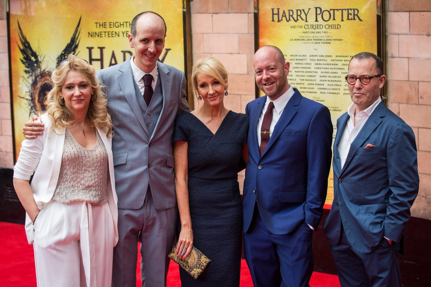 LONDON, ENGLAND - JULY 30: Sonia Friedman, Jack Thorne, J. K. Rowling, John Tiffany and Colin Callender attend the press preview of "Harry Potter & The Cursed Child" at Palace Theatre on July 30, 2016 in London, England. Harry Potter and the Cursed Child, a two-part West End stage play written by Jack Thorne based on an original new story by Thorne, J.K. Rowling and John Tiffany. (Photo by Rob Stothard/Getty Images)