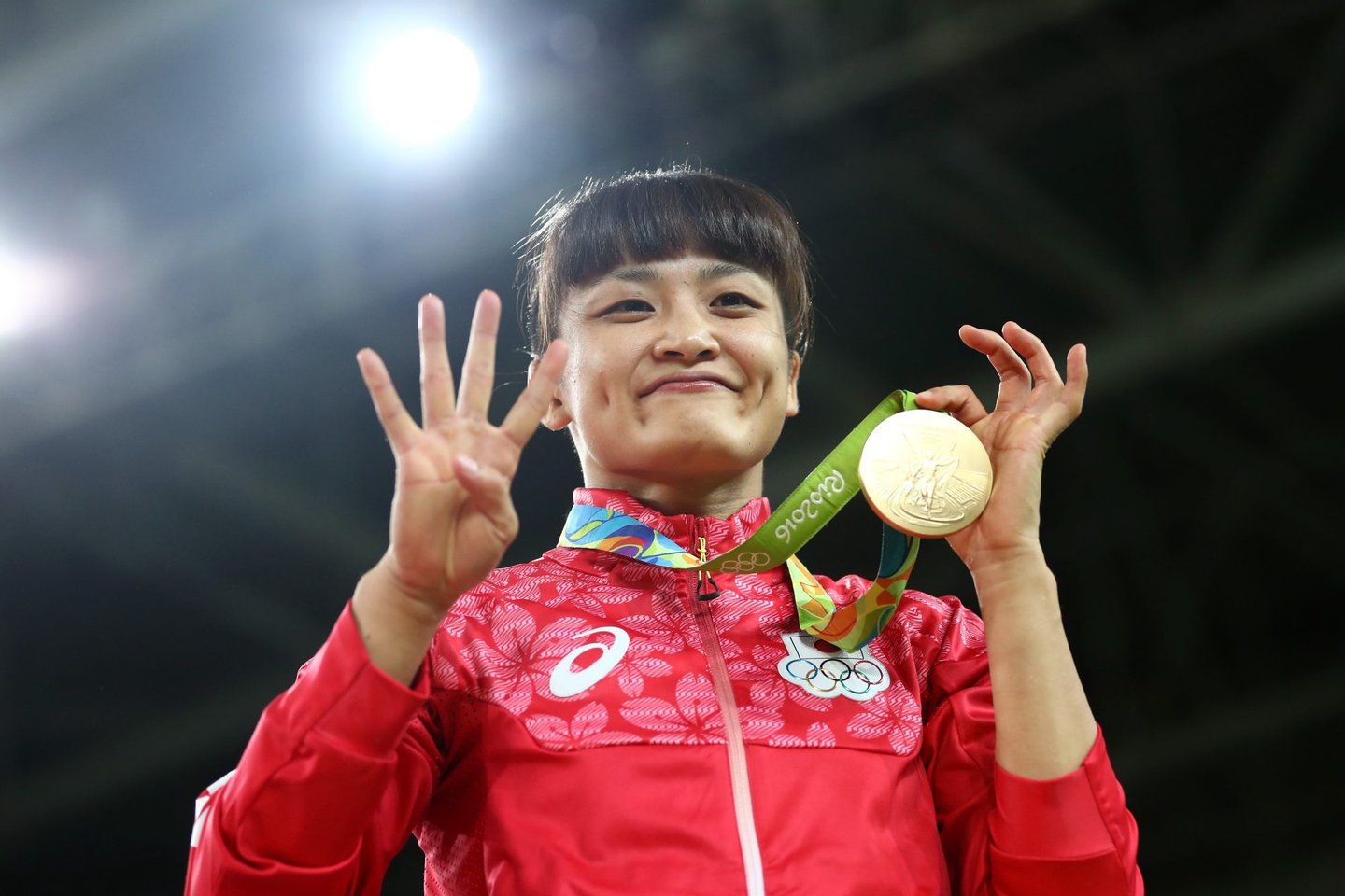 RIO DE JANEIRO, BRAZIL - AUGUST 17: Gold Medalist Kaori Icho of Japan celebrates during the medal ceremony after the Women's Freestyle 58 kg competition on Day 12 of the Rio 2016 Olympic Games at Caioca Arena 2 on August 17, 2016 in Rio de Janeiro, Brazil. (Photo by Lars Baron/Getty Images)