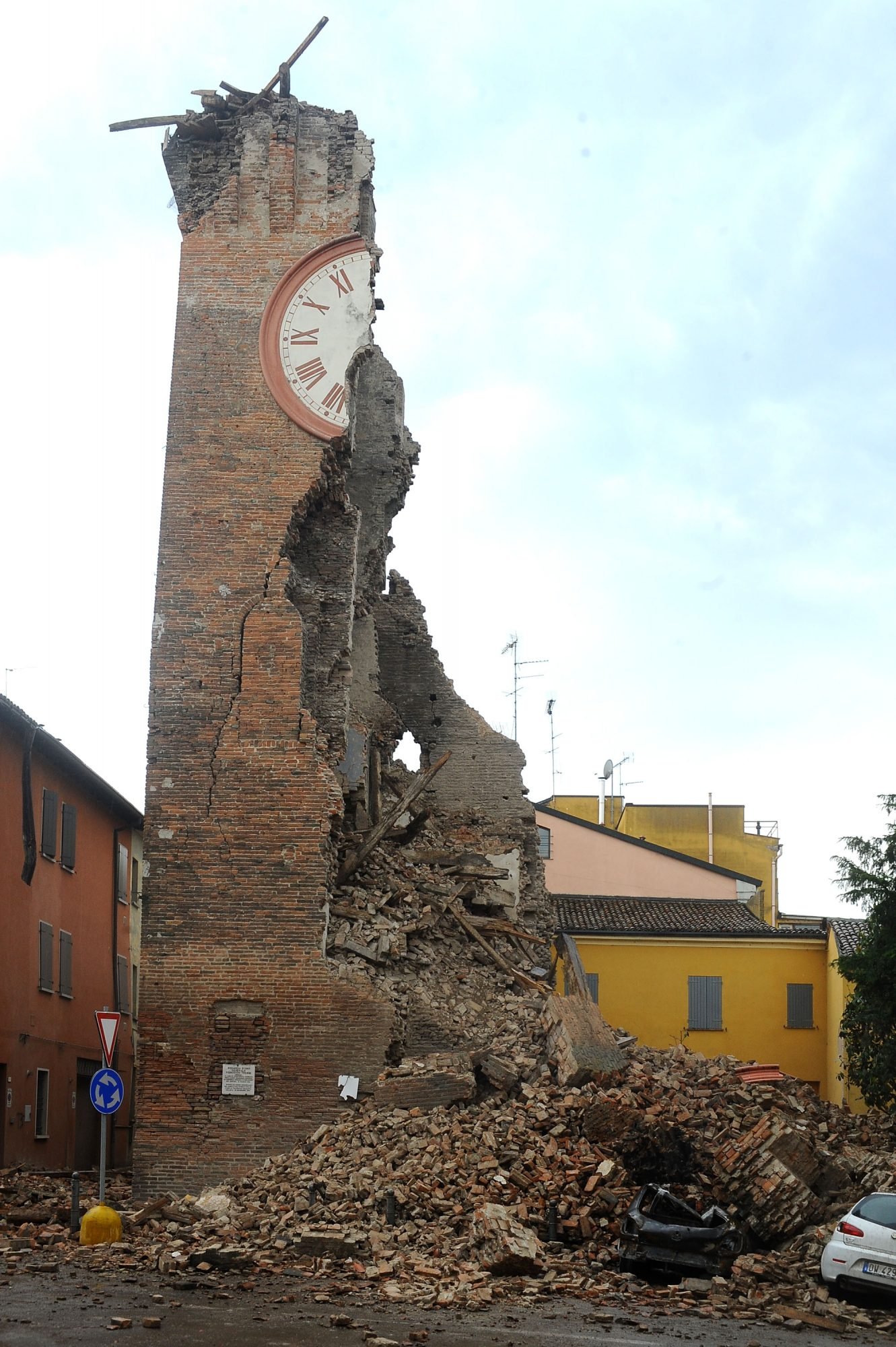 FERRARA, ITALY - MAY 20: Modenesi's Towers of Finale Emilia are destroyed following an earthquake on May 20, 2012 in Ferrara, Italy. At least four people were killed after the magnitude 6.0 quake - which destroyed many historic buildings - struck in the early hours. (Photo by Roberto Serra/Iguana Press/Getty Images)