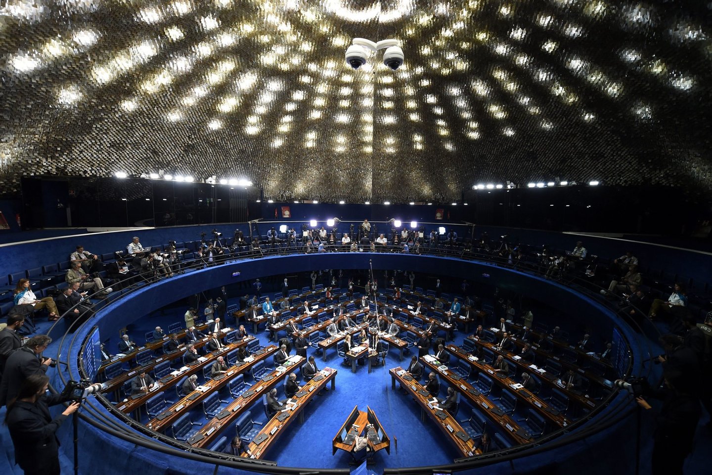 General view of the Senate's plenary during the impeachment trial of Brazilian President Dilma Rousseff at the National Congress in Brasilia on August 25, 2016. The impeachment trial of Brazil's first woman president, Dilma Rousseff, got underway Thursday with high expectations that the suspended leader of Latin America's biggest economy will be sacked within days. / AFP / EVARISTO SA (Photo credit should read EVARISTO SA/AFP/Getty Images)