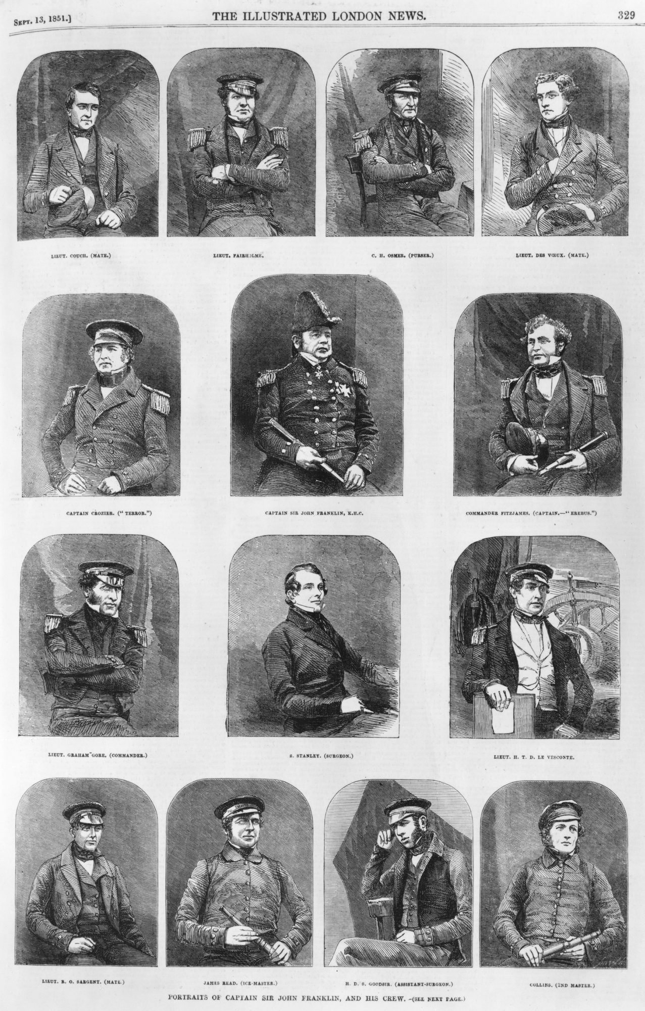 Portraits of Arctic explorer John Franklin and his crew, circa 1845. The entire expedition was lost on a voyage to the Northwest Passage. They are (left to right, from top) Lieutenant Couch (mate), Lieutenant Fairholme, C. H. Osmer (purser), Lieutenant des Voeux (mate), Captain Crozier of the 'Terror', Captain Sir John Franklin, Commander Fitzjames of the 'Erebus', Lieutenant Graham Gore (Commander), S. Stanley (surgeon), Lieutenant H. T. D. le Vesconte, Lieutenant B. O. Sargent (mate), James Read (ice-master), H. D. S. Goodsir (assistant surgeon) and Collins (second master). Original Publication : Illustrated London News - pub. 13th September 1851 (Photo by Hulton Archive/Getty Images)