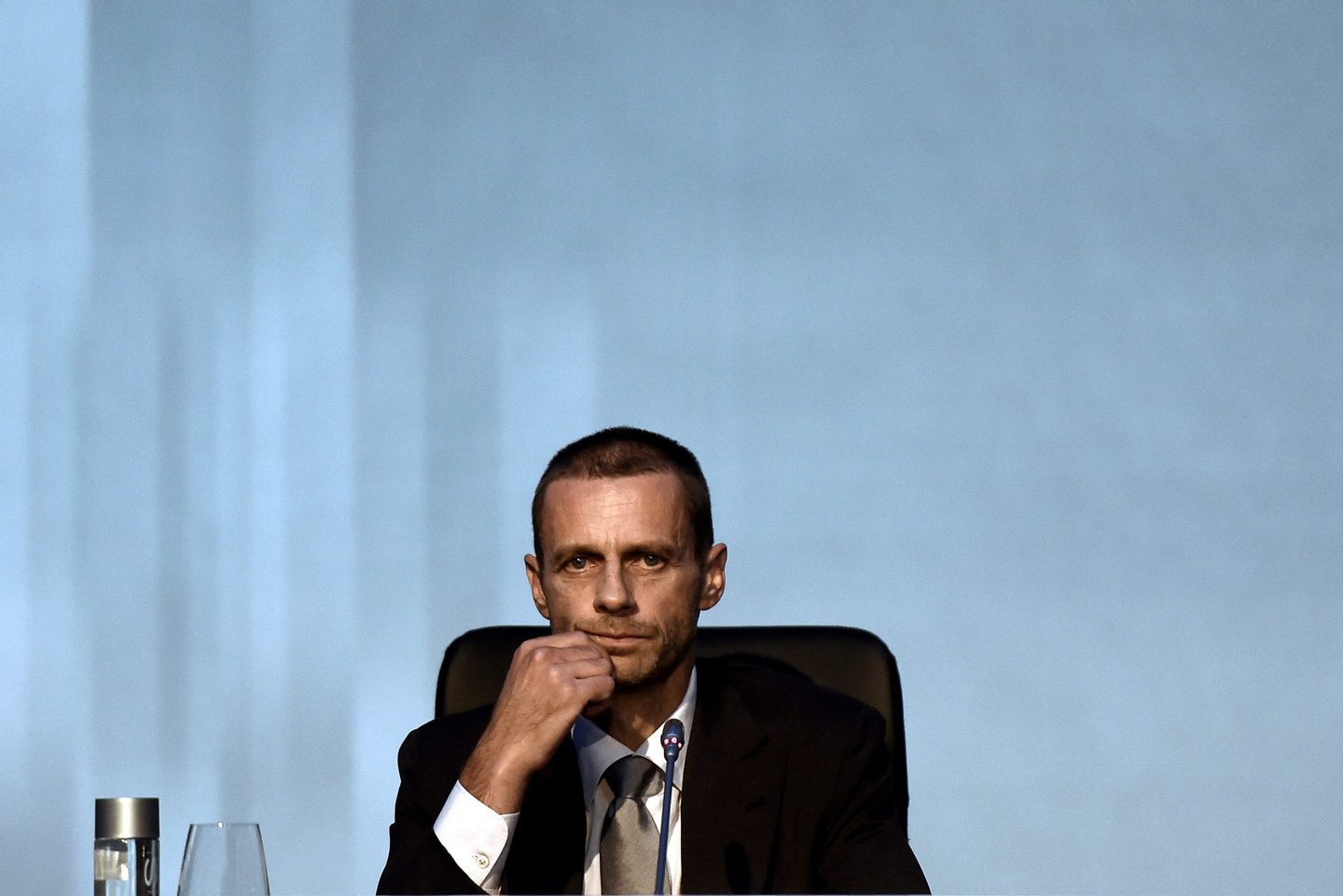 UEFA's newly elected President, Slovenian Aleksander Ceferin attends a press conference during the 12th Extraordinary UEFA congress and President election in Lagonisi, some 40 kilometers south of Athens on September 14, 2016. Disgraced football leader Michel Platini said on September 14 in a farewell speech to UEFA that he felt no guilt over a $2 million payment from FIFA that has seen him suspended for four years. / AFP / ARIS MESSINIS (Photo credit should read ARIS MESSINIS/AFP/Getty Images)