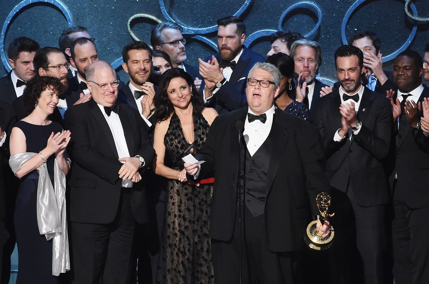 LOS ANGELES, CA - SEPTEMBER 18: Actress Julia Louis-Dreyfus, producer David Mandel (both center) and production team accept Outstanding Comedy Series for 'Veep' onstage during the 68th Annual Primetime Emmy Awards at Microsoft Theater on September 18, 2016 in Los Angeles, California. (Photo by Kevin Winter/Getty Images)