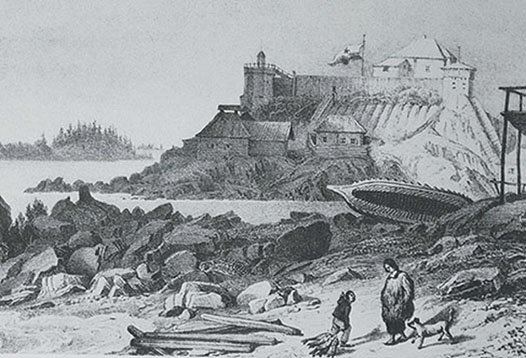 1827_illustration_of_Castle_Hill_(Old_Sitka,_Alaska)_by_Postels