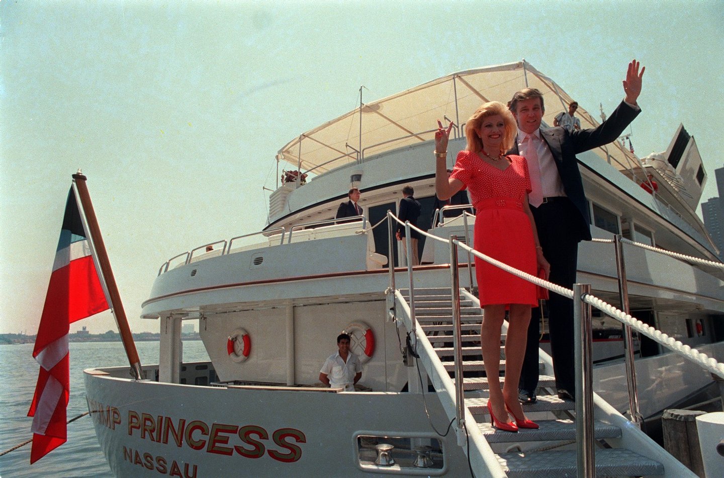 Trump with his first wife, Ivana, in 1988 on the Trump Princess, which he sold three years later