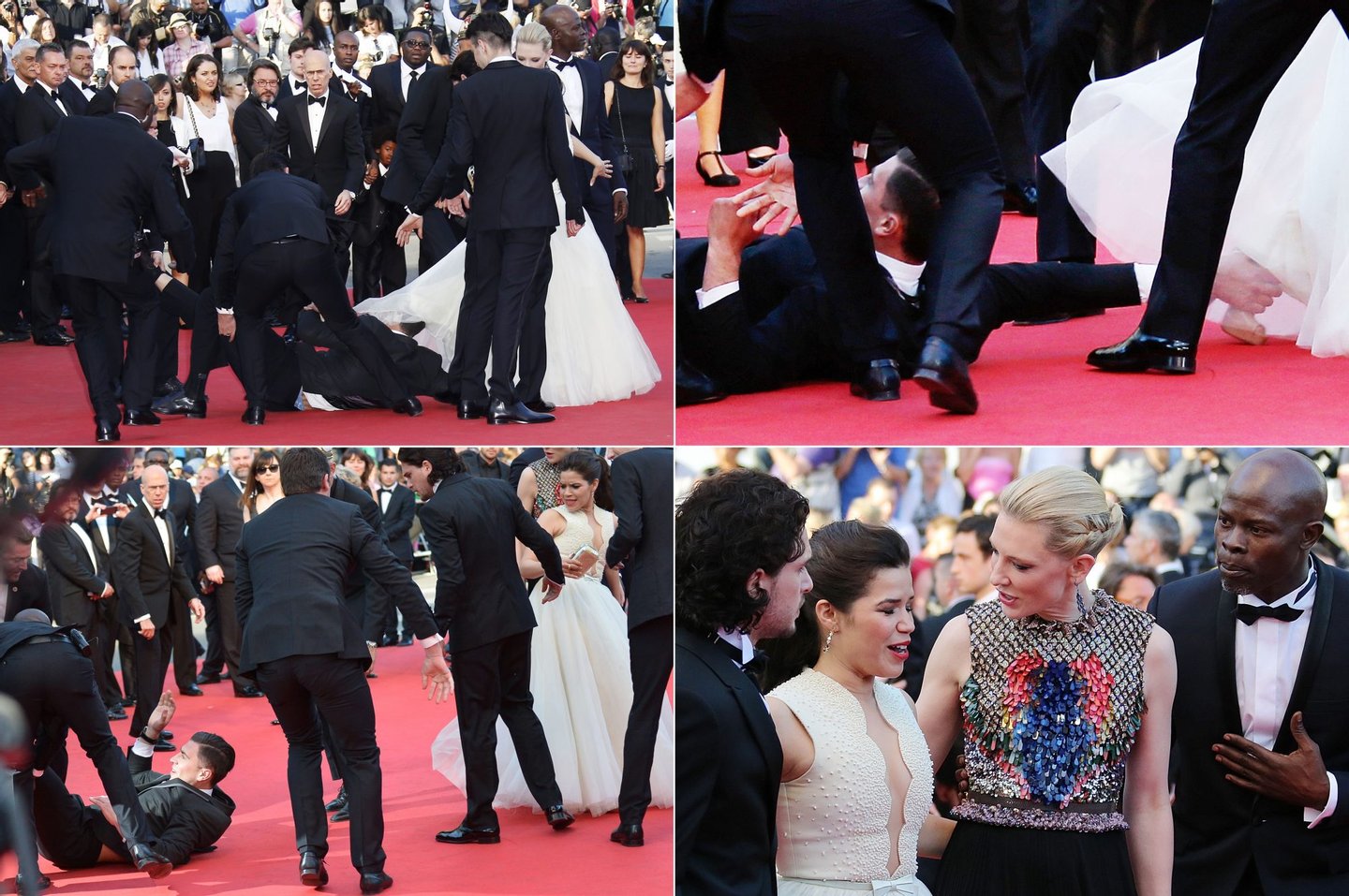 A combination of pictures made on May 17, 2014 shows prankster Vitalii Sediuk blocked by minders as he tries to slip under US actress America Ferrera's dress as she arrives for the screening of the animated film "How to train your Dragon 2" at the 67th edition of the Cannes Film Festival in Cannes, southern France, on May 16, 2014. AFP PHOTO / AFP (Photo credit should read VALERY HACHE,ALBERTO PIZZOLI,LOIC VENANCE/AFP/Getty Images)