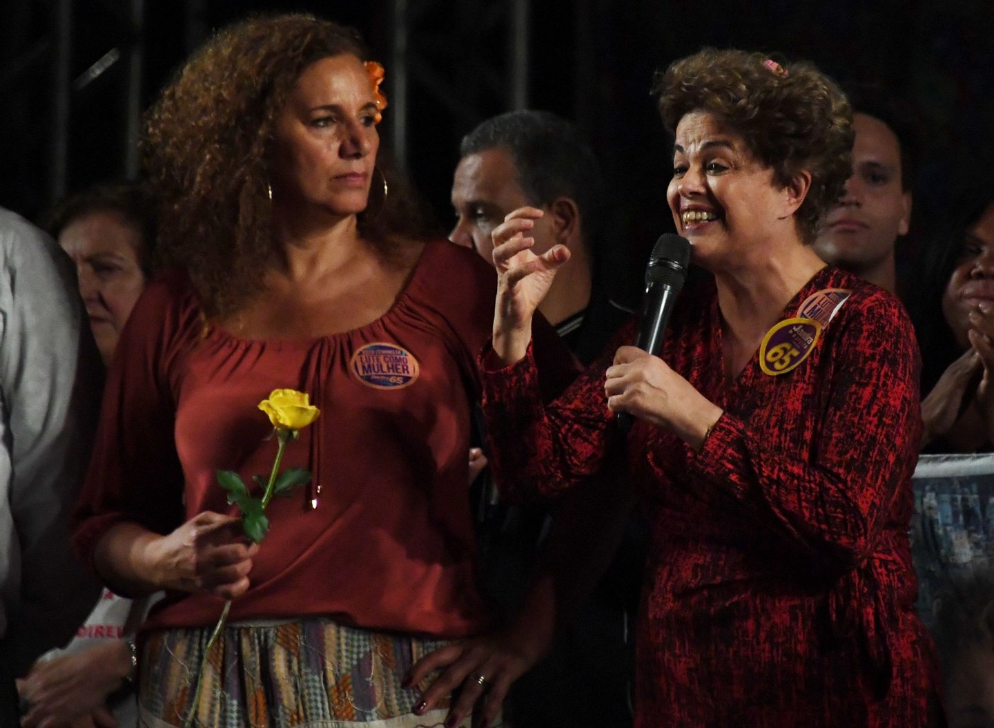 Former Brazilian president Dilma Rousseff (R) delivers a speech to supporters in Rio de Janeiro on September 21, 2016 during a campaign rally for Jandira Feghali (L), Communist Party candidate for mayor of Rio de Janeiro. / AFP / VANDERLEI ALMEIDA (Photo credit should read VANDERLEI ALMEIDA/AFP/Getty Images)