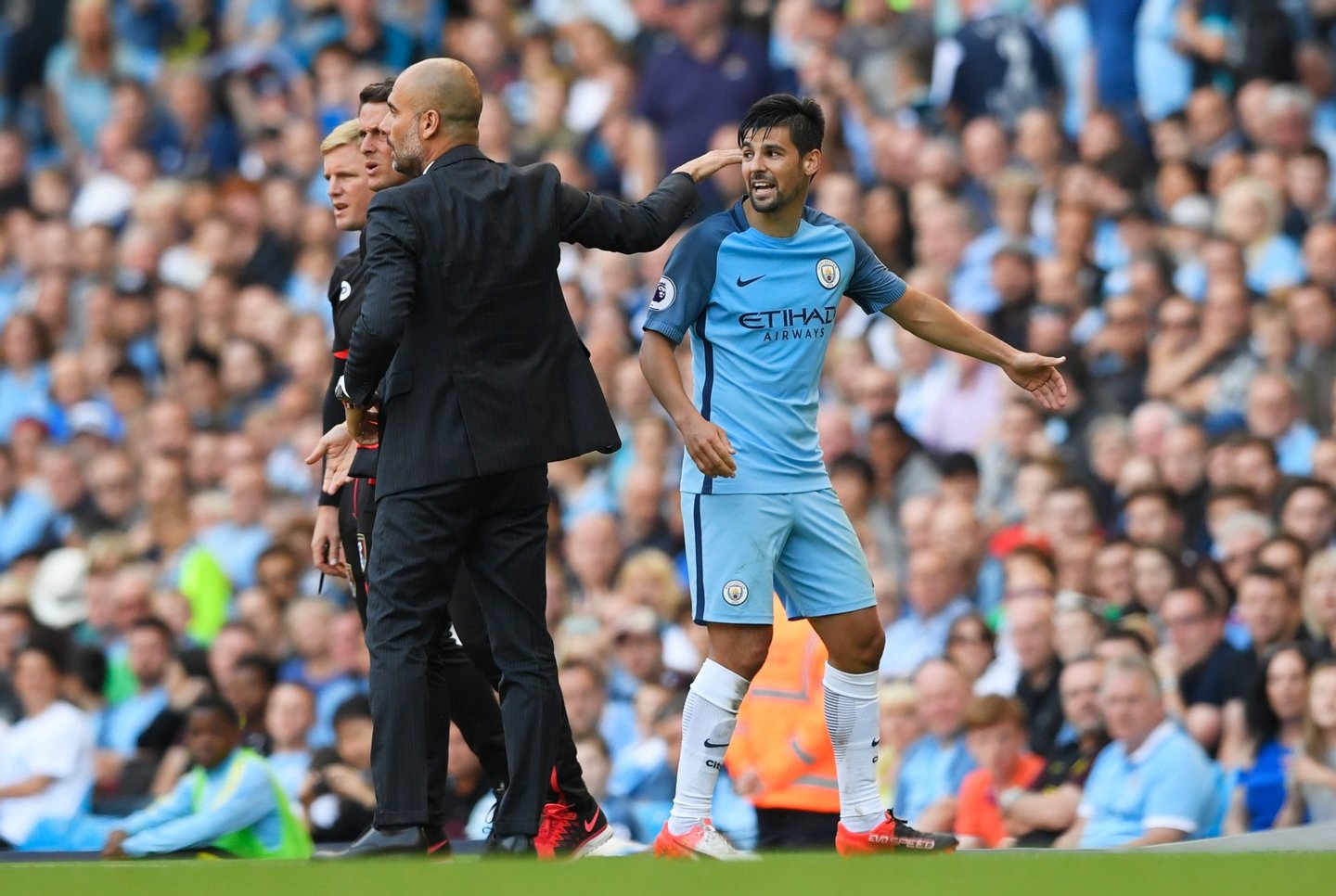 MANCHESTER, ENGLAND - SEPTEMBER 17: Josep Guardiola, Manager of Manchester City reacts to Nolito of Manchester City getting sent off during the Premier League match between Manchester City and AFC Bournemouth at the Etihad Stadium on September 17, 2016 in Manchester, England. (Photo by Stu Forster/Getty Images)