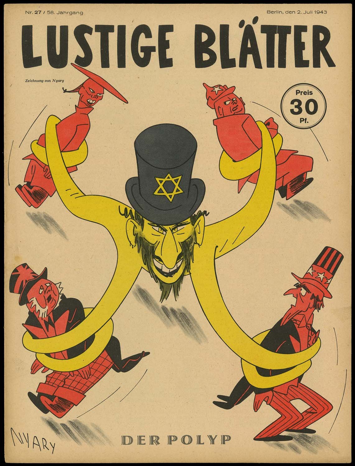 Capa da revista satÃ­rica alemÃ£ Lustige BlÃ¤tter, 1943: O polvo judeu manipula os Aliados